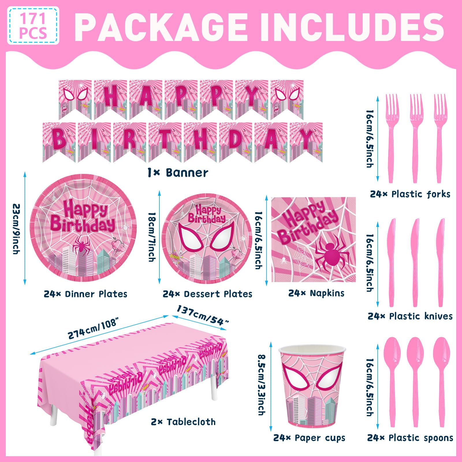 Pnuocax 171pcs Pink Spider Birthday Party Plates Napkins Paper Super Girl Cups Banner Disposable Tablecloth Tableware Set Good for Birthday Party