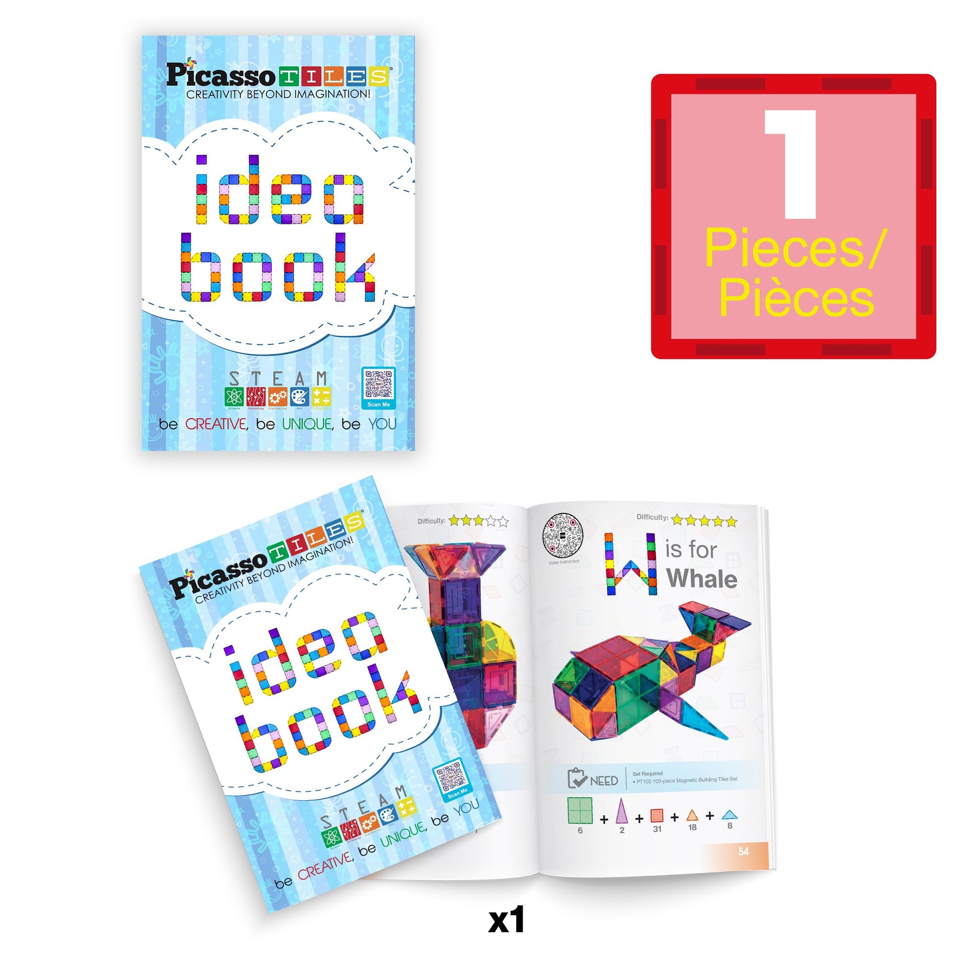 PicassoTiles Magnetic Tile Idea Book, 300 Builds Illustrated Guide, Ages 3+