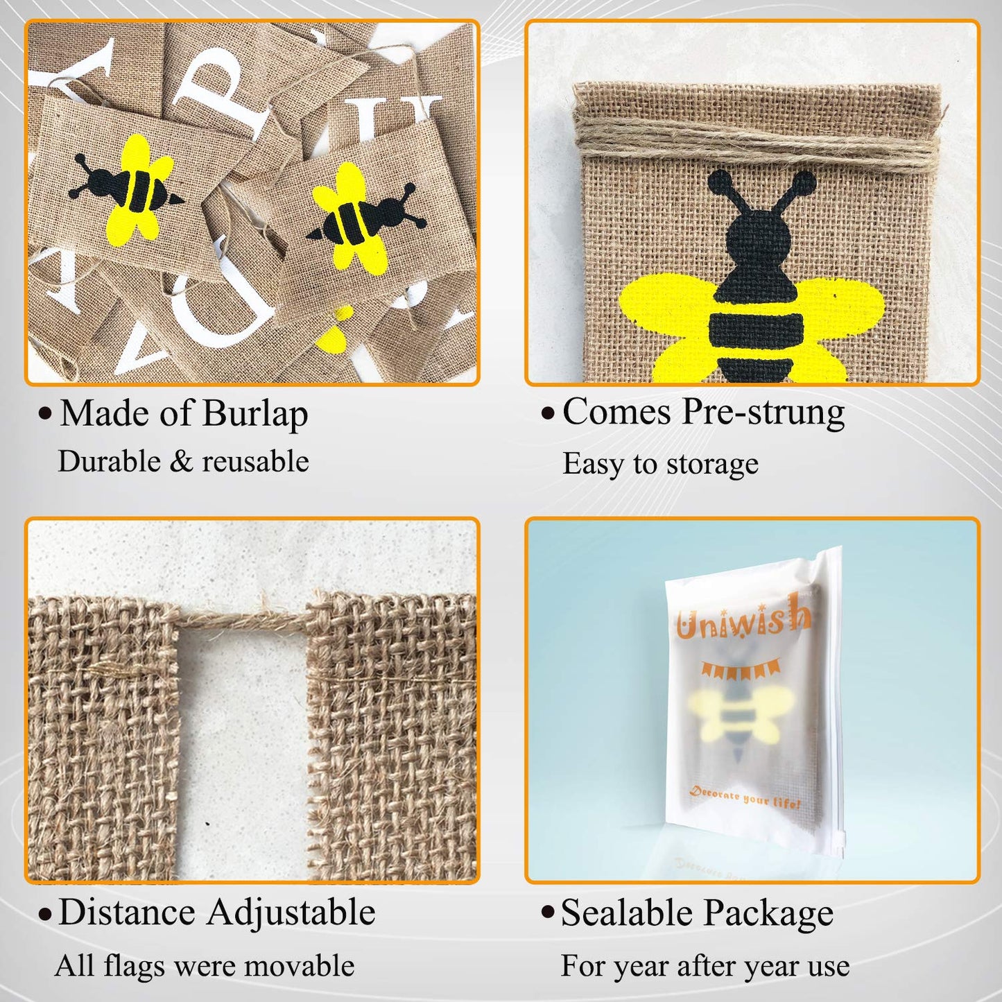 Uniwish Burlap Happy Bee Day Banner Bee Birthday Party Decorations