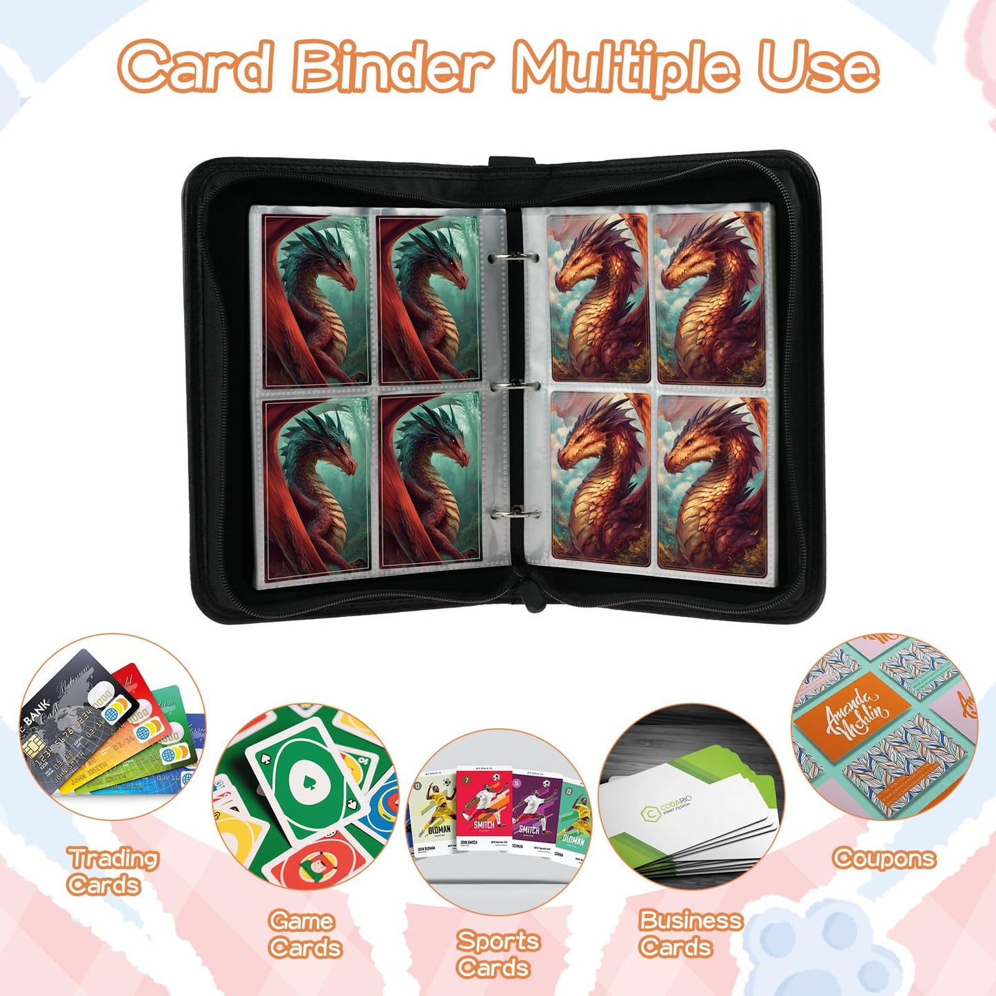Trading Card Binder 4 Pocket, Fits 400 Cards with 50 Removable Sleeves, Portable TCG Album Folder for Standard Size Game Cards, Sports Card Holder