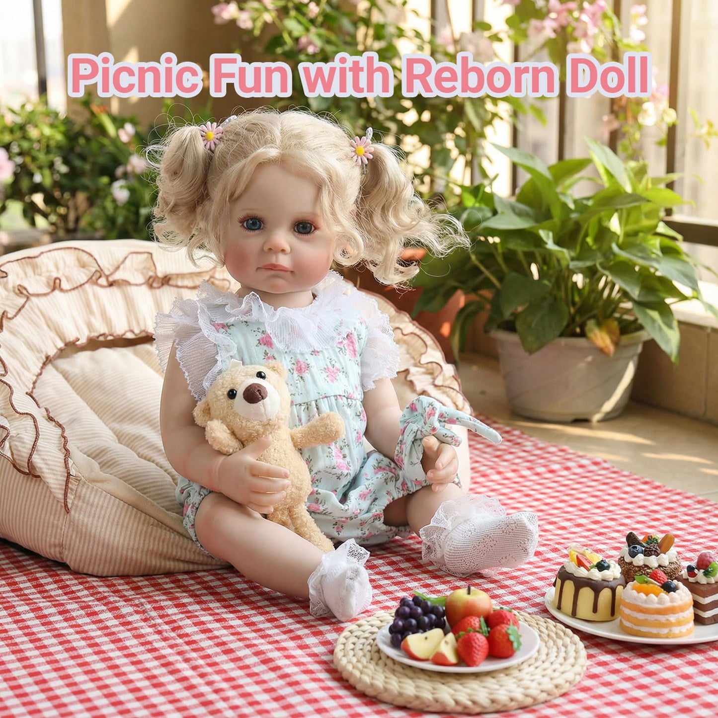 Tookyhill Lifelike Reborn Baby Doll - 22 Inch Realistic Blonde Toddler Doll with Curly Hair, Blue Eyes & Bear Toy Accessories, BPA-Free Posable Full