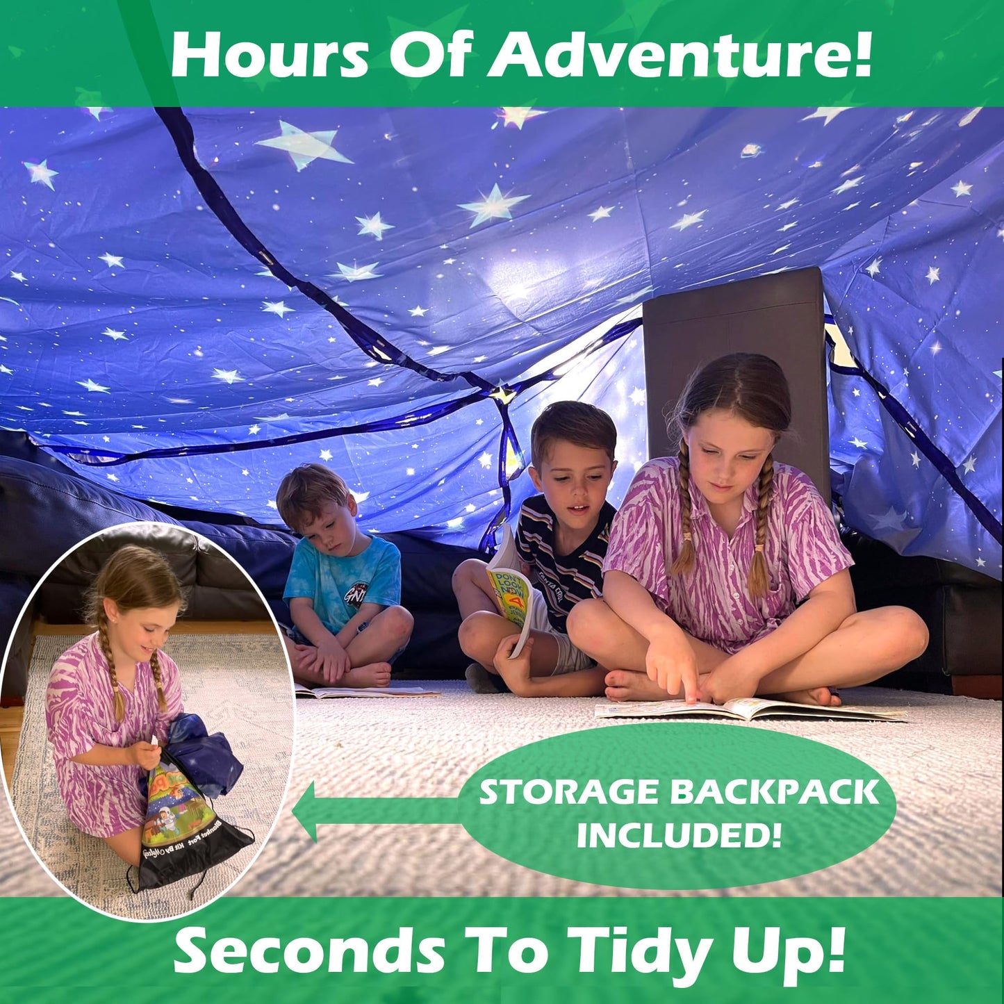 Blanket Fort Building Kit for Kids, Safety Certified, Ages 3-12 - Play Tent