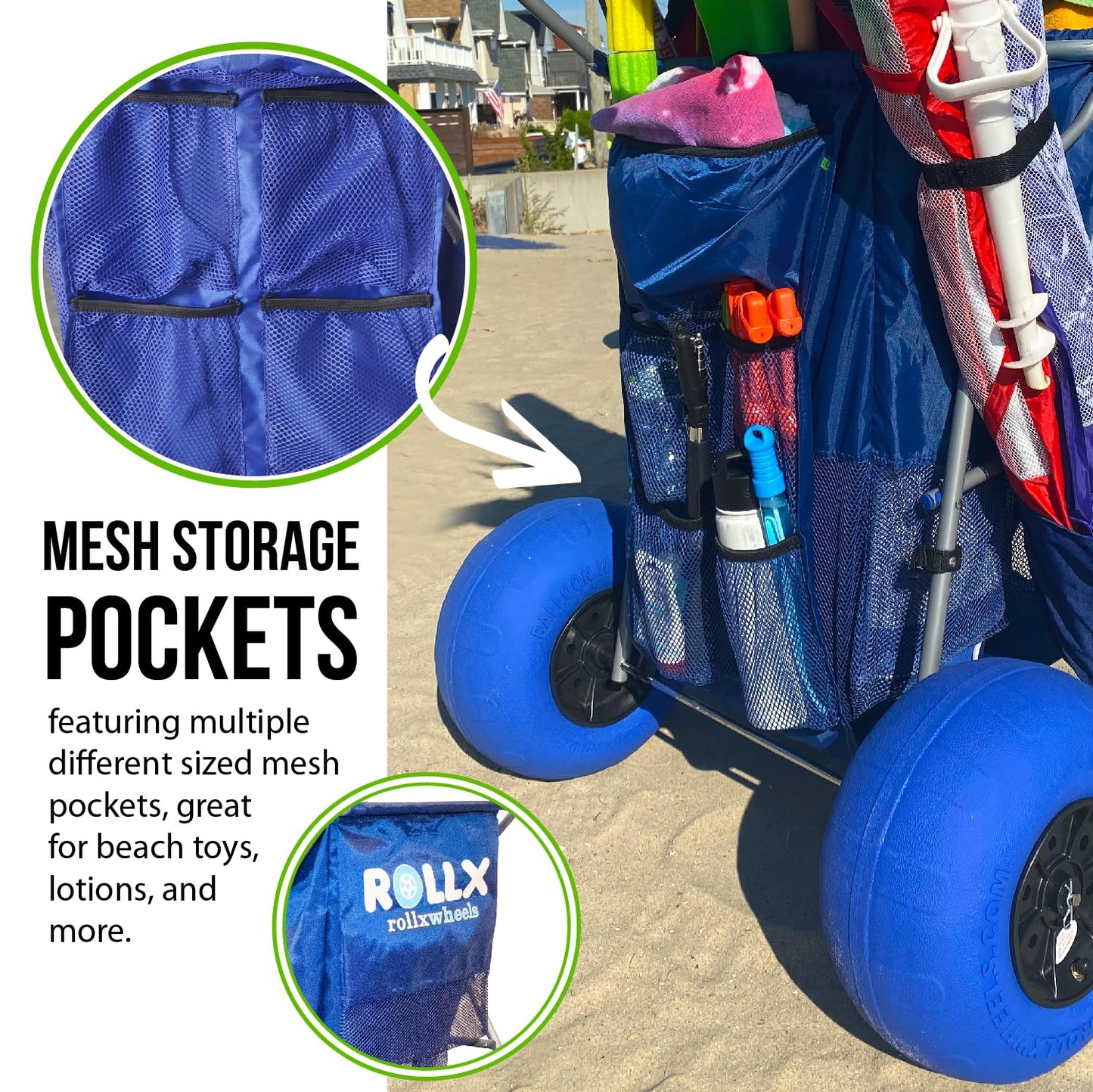 RollX Foldable Storage Wagon with 4 Balloon Wheels, Rear 13 Inch & Front 7 Inch Beach Tires (Pump Included) - Blue