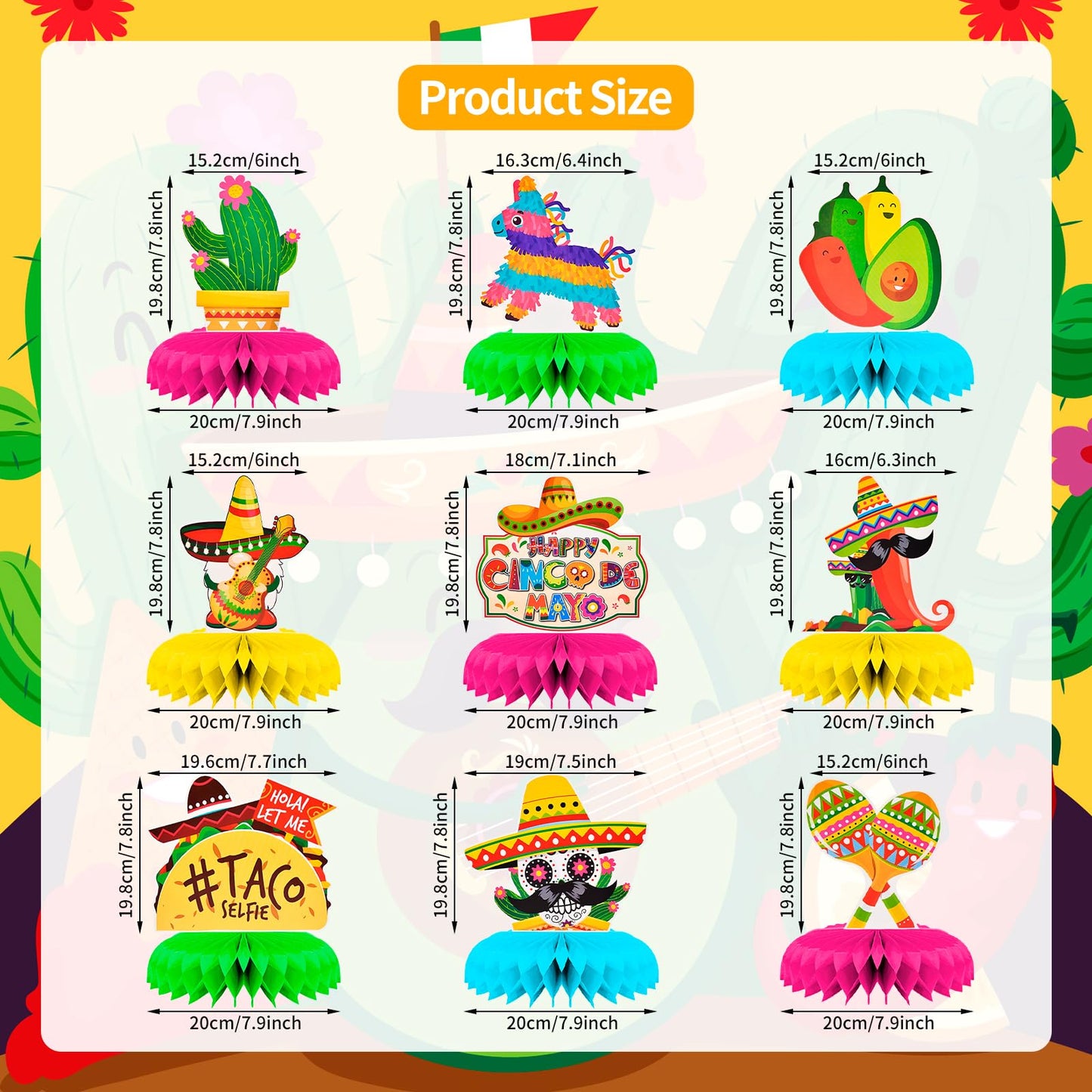 9 Pieces Cinco de Mayo Festival Honeycomb Centerpieces Table Decor, Mexican Fiesta Vibrant Cactus, Piñata, Taco and Sombrero Pattern Table Topper