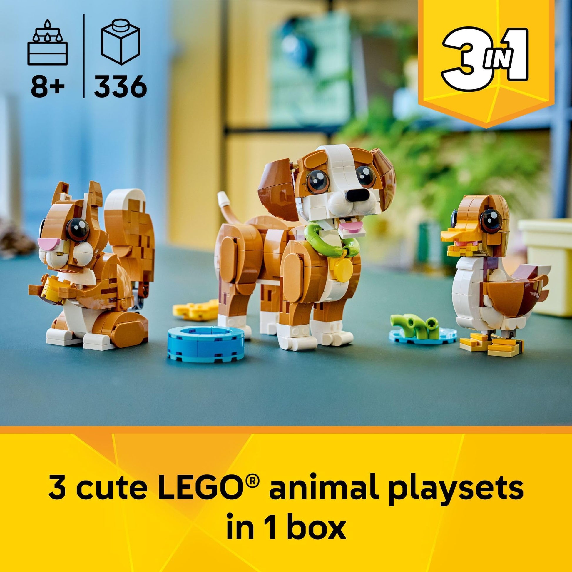 LEGO Creator 3 in 1 Cute Animals: Playful Puppy Dog Building Toy - Bedroom Decor for Girls & Boys, Ages 8+ - Gift for Birthdays - Build a Dog