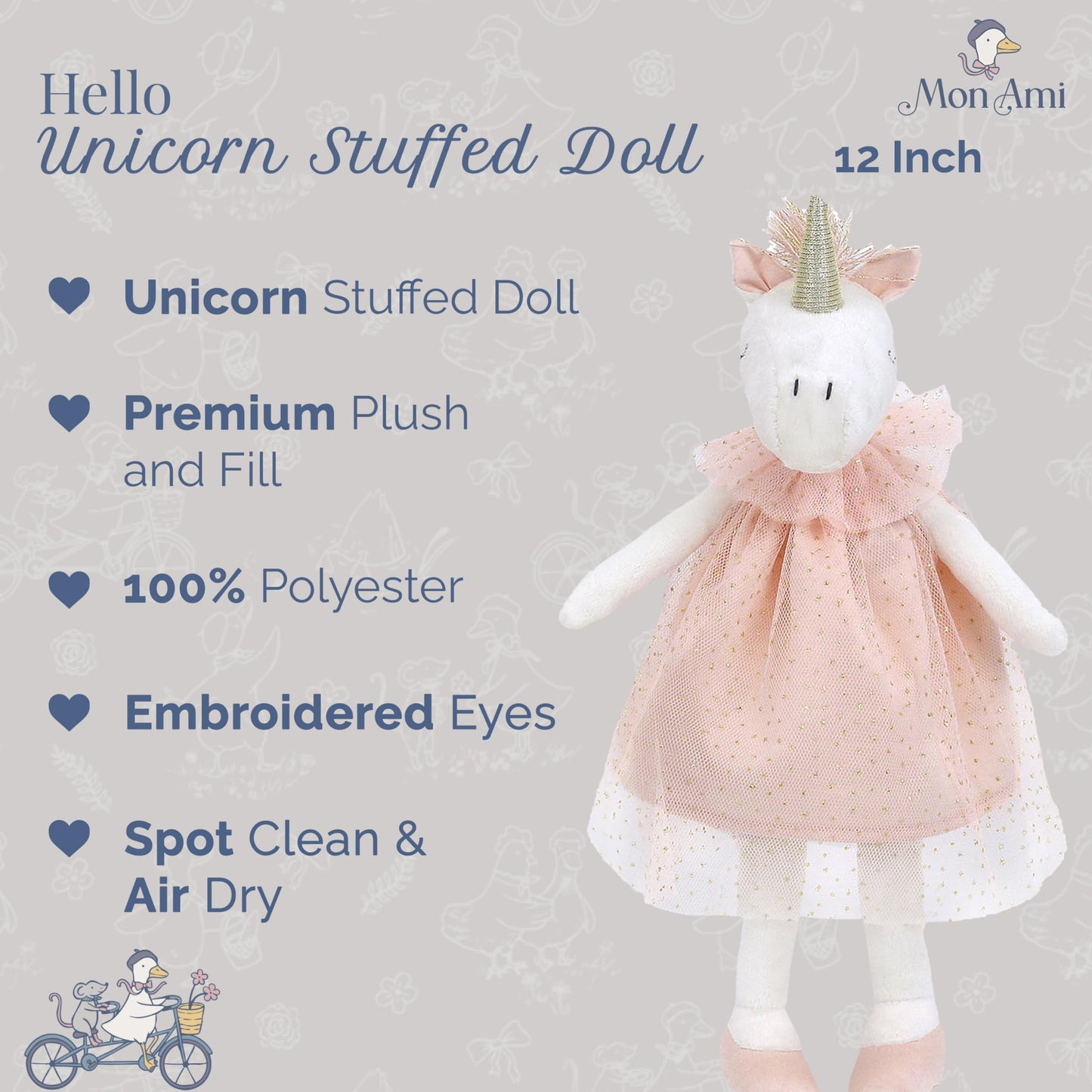 MON AMI Unicorn Stuffed Doll, 12-Inch White Soft Cuddly Plush Animal Toy