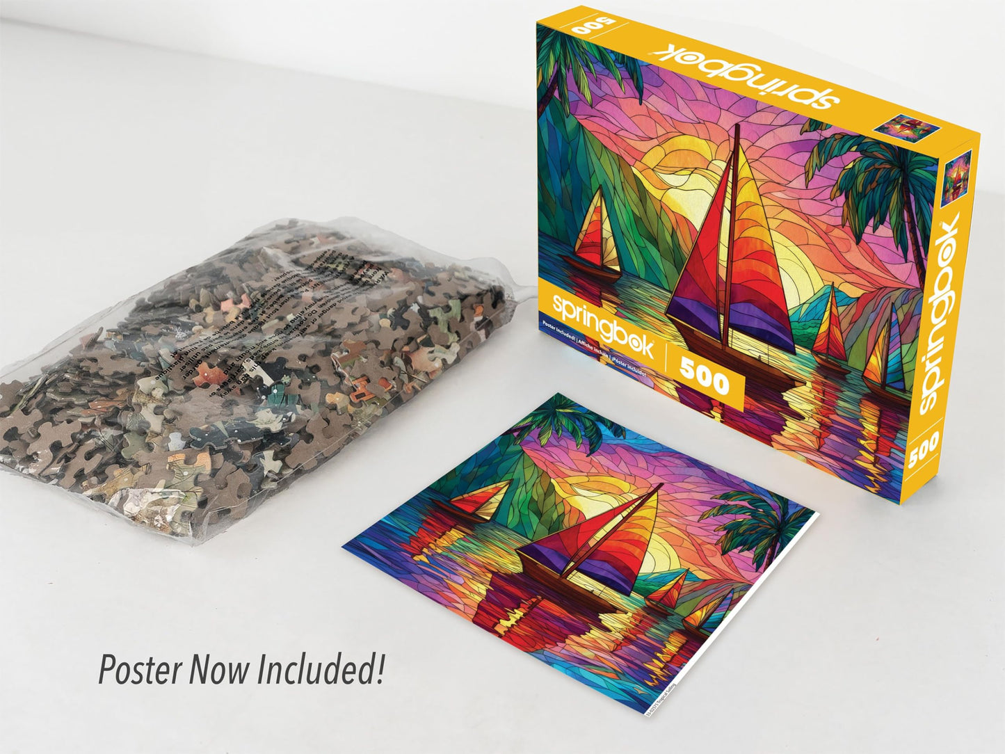 Springbok Tropical Sailing 500 Piece Square Jigsaw Puzzle for Adults - Poster Now Included - Stained Glass Sail Boat - Unique Cut Pieces - Made in USA