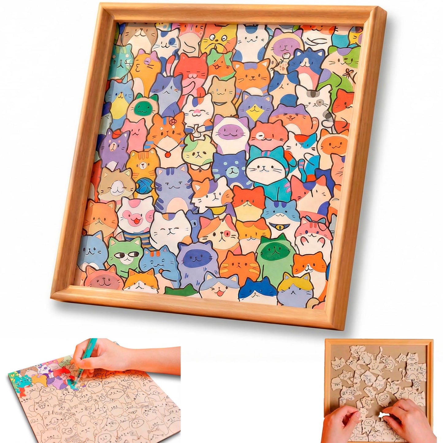 DIY Wooden Cat Puzzle Frame, 75 Colorable Puzzle Pieces, Comes with 12 Coloring Pens, Creative Art Craft Set, Suitable for Adults, Unique Handmade