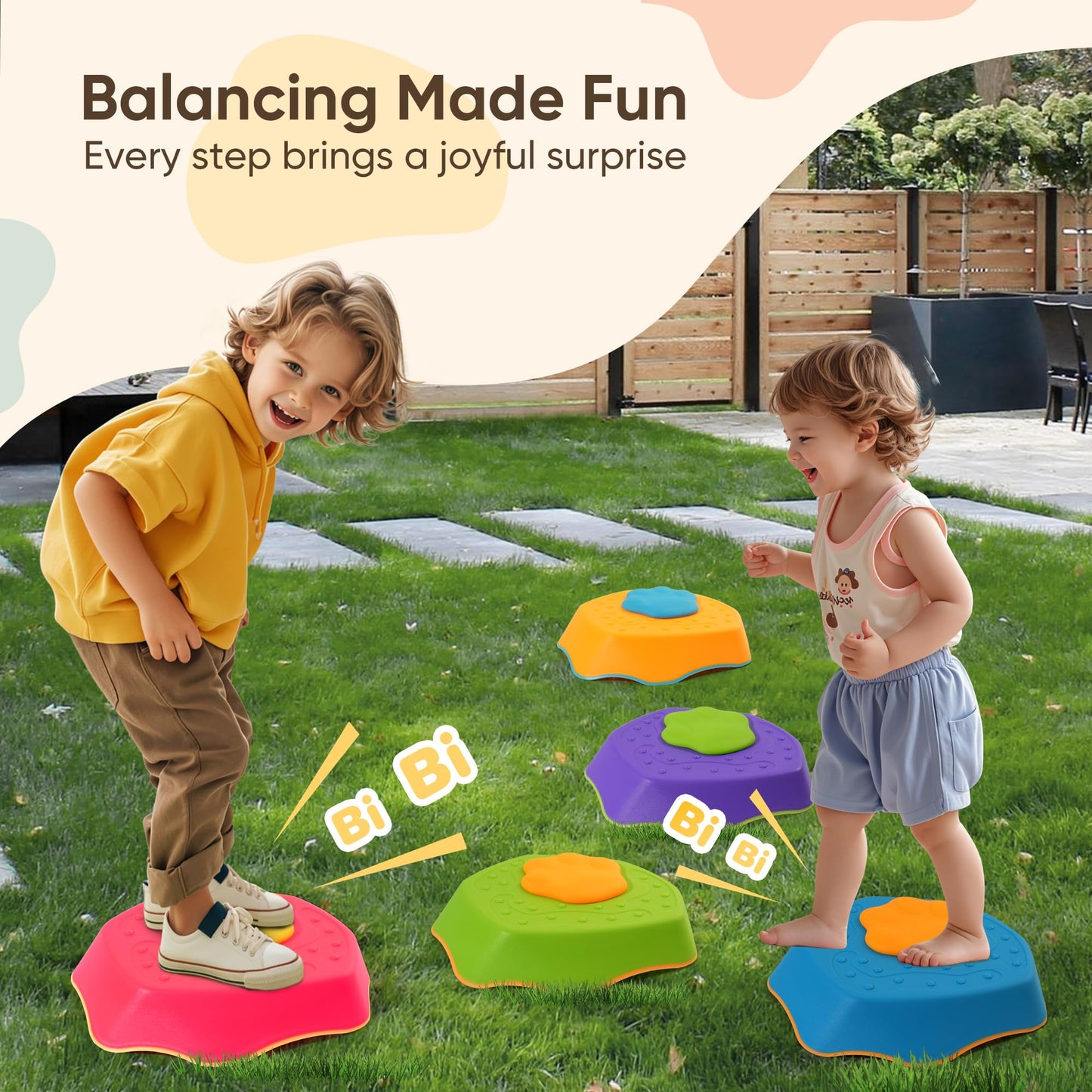 G-WING Stepping Stones for Kids, 5-Piece Balance Stones with SOUND EFFECTS & Non-Slip Base, Indoor/Outdoor Motor Skills Toys for Toddlers Age 3+
