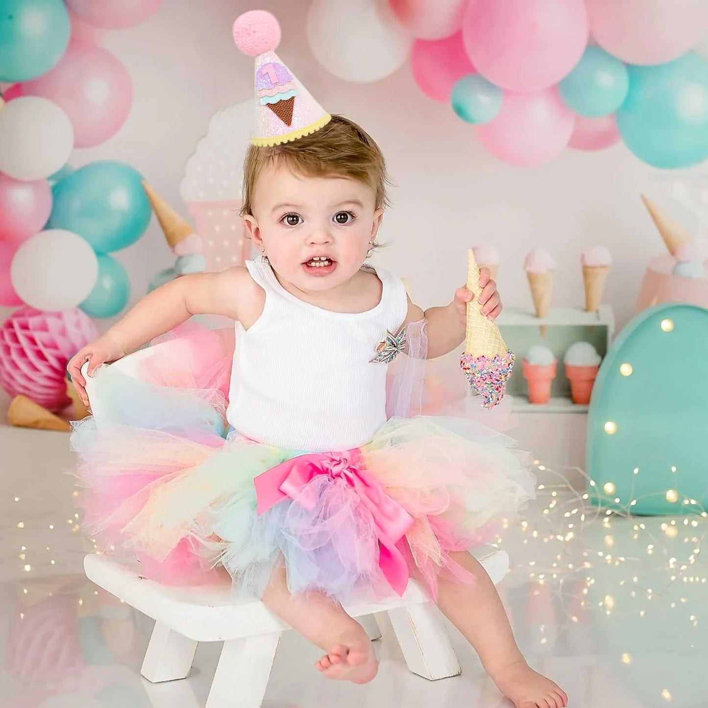 HIKLO Ice Cream 1st Birthday Cone Hat - Sweet One First Birthday Hat, Ice Cream 1st Birthday Decoration for Girls, Ice Cream Party Supplies