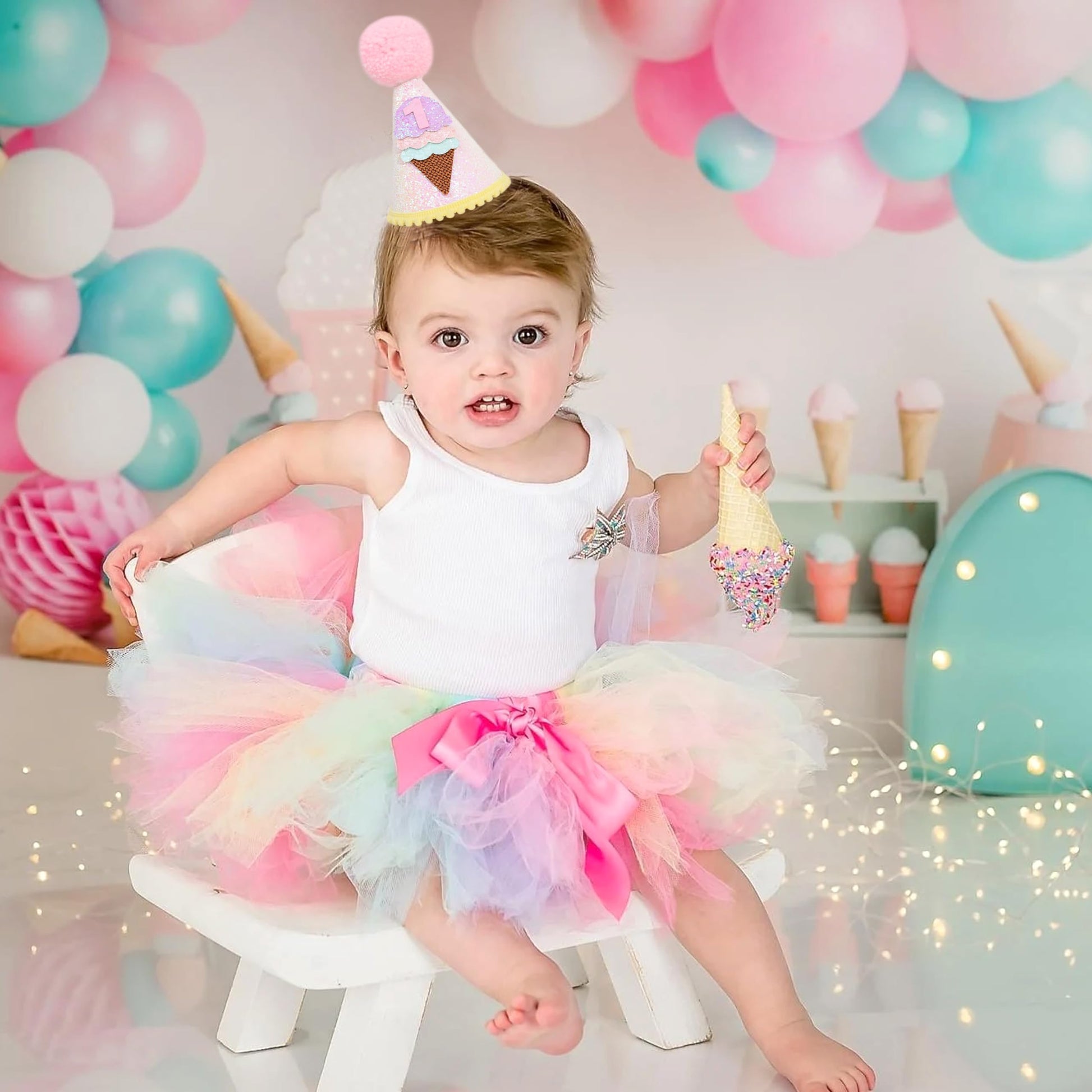 HIKLO Ice Cream 1st Birthday Cone Hat - Sweet One First Birthday Hat, Ice Cream 1st Birthday Decoration for Girls, Ice Cream Party Supplies