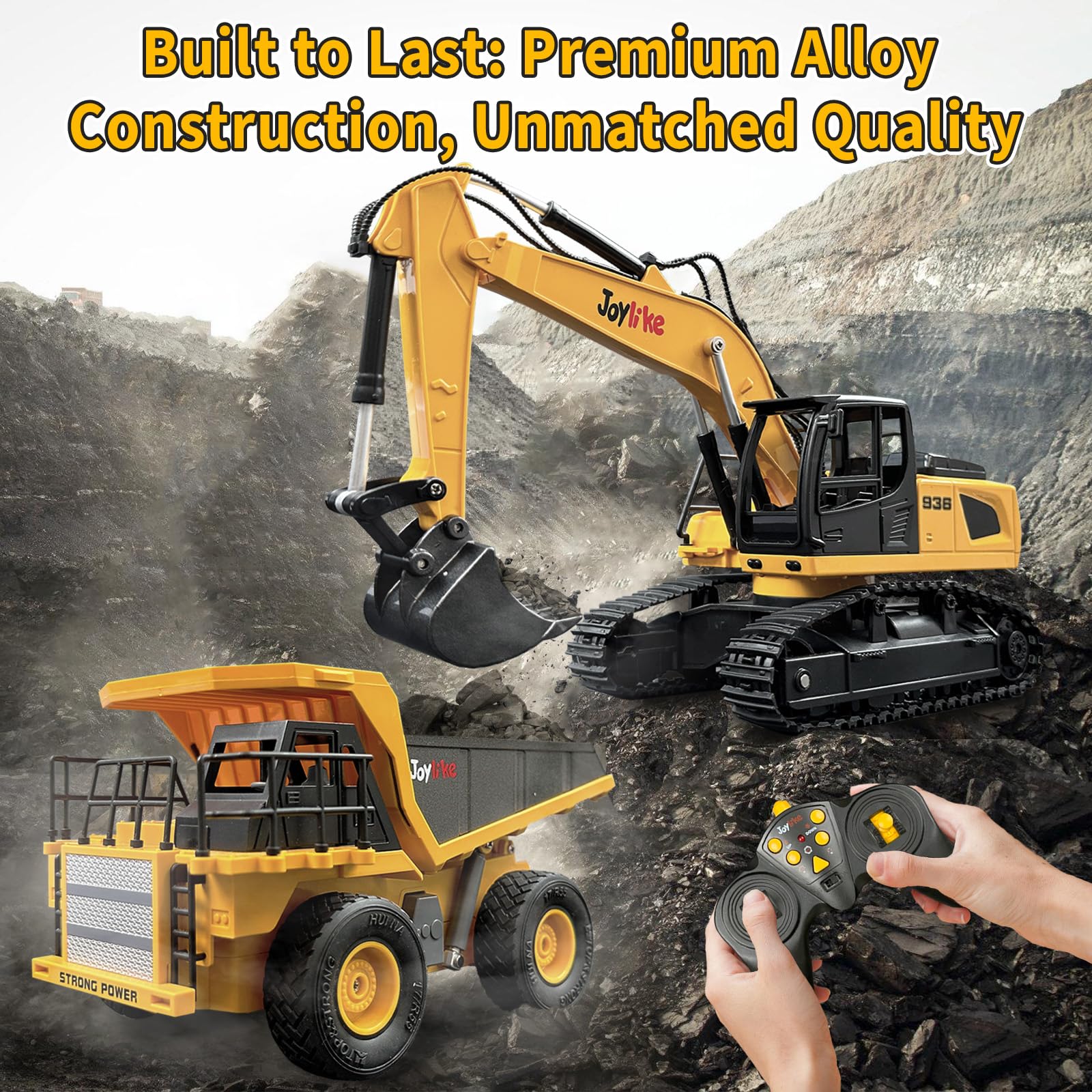Joylike RC Excavator and Dump Truck Toy Set?2.4Ghz Metal Remote Control Construction Vehicle with Light&Sound, Best Christmas Toy for Boys 8+Year Old