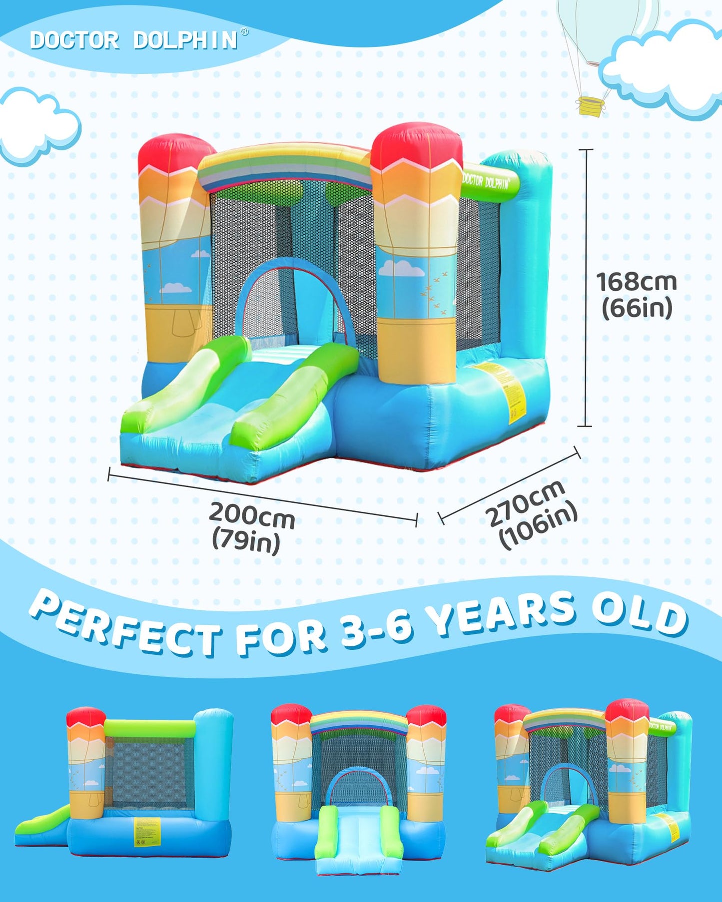 Doctor Dolphin Inflatable Bounce House for Kids, Bouncy House with Blower Indoor Outdoor, Inflatable Bouncer for Kids Party (Hot-air Balloon Theme)