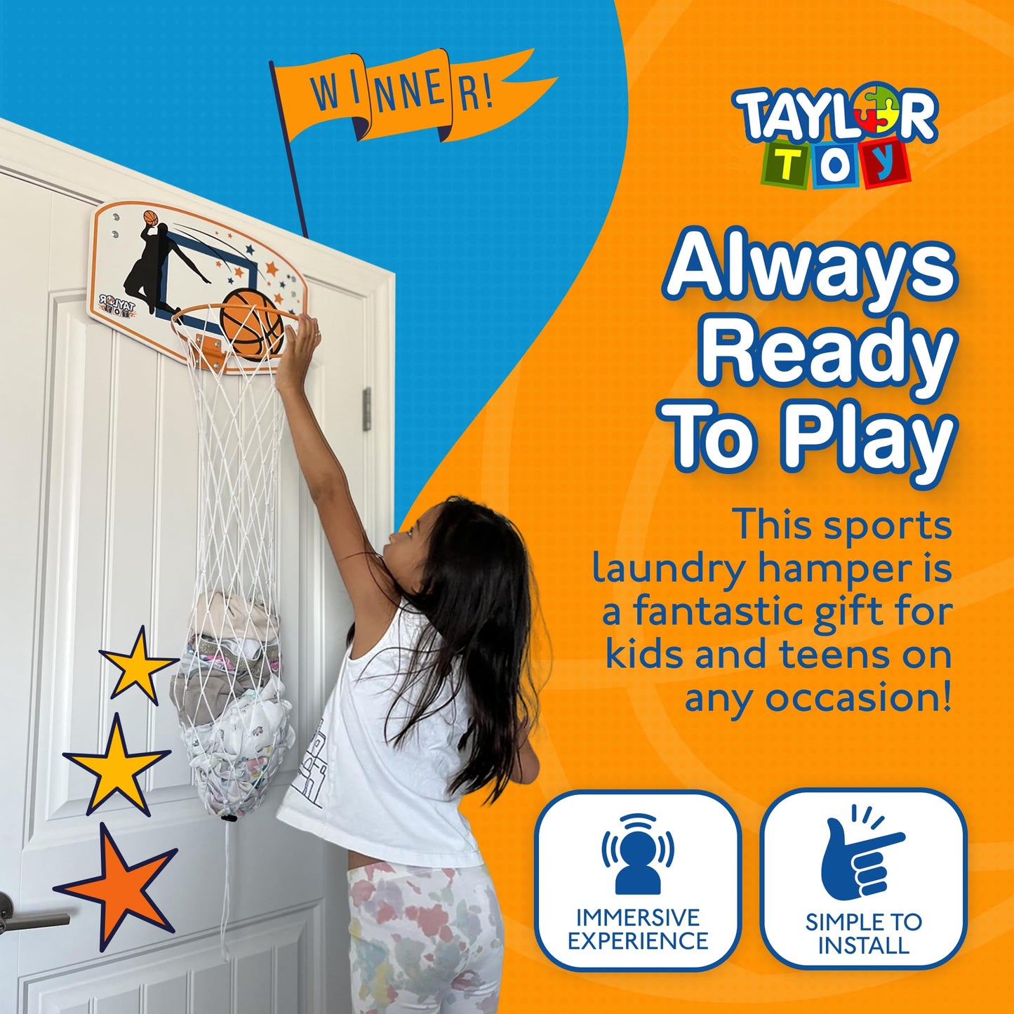 Taylor Toy Over the Door Hanging Laundry Hamper - Basketball Hamper - Boys