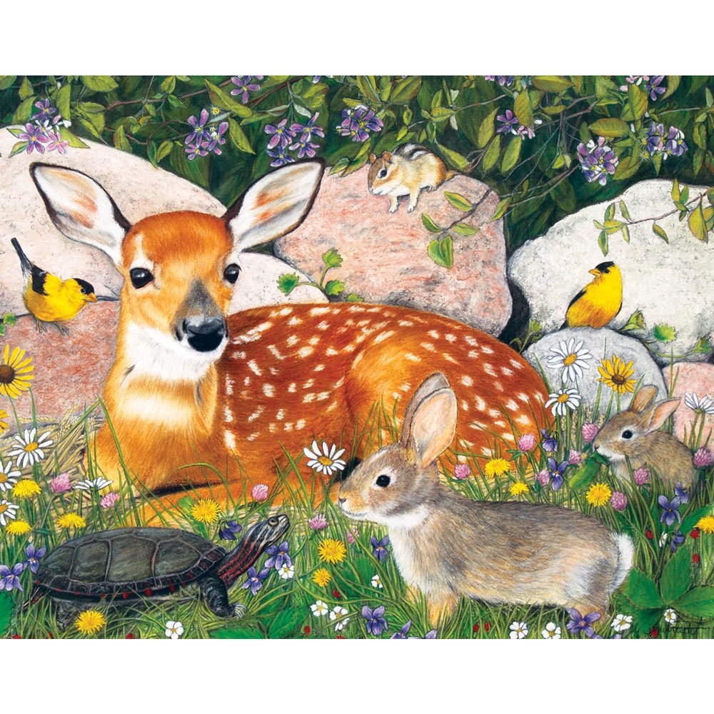 Bits and Pieces - Large 100 Piece Jigsaw Puzzle for Adults - Woodland Friends - Forest Deer Bunny Turtle Bird Jigsaw Puzzle by Julie Bauknecht