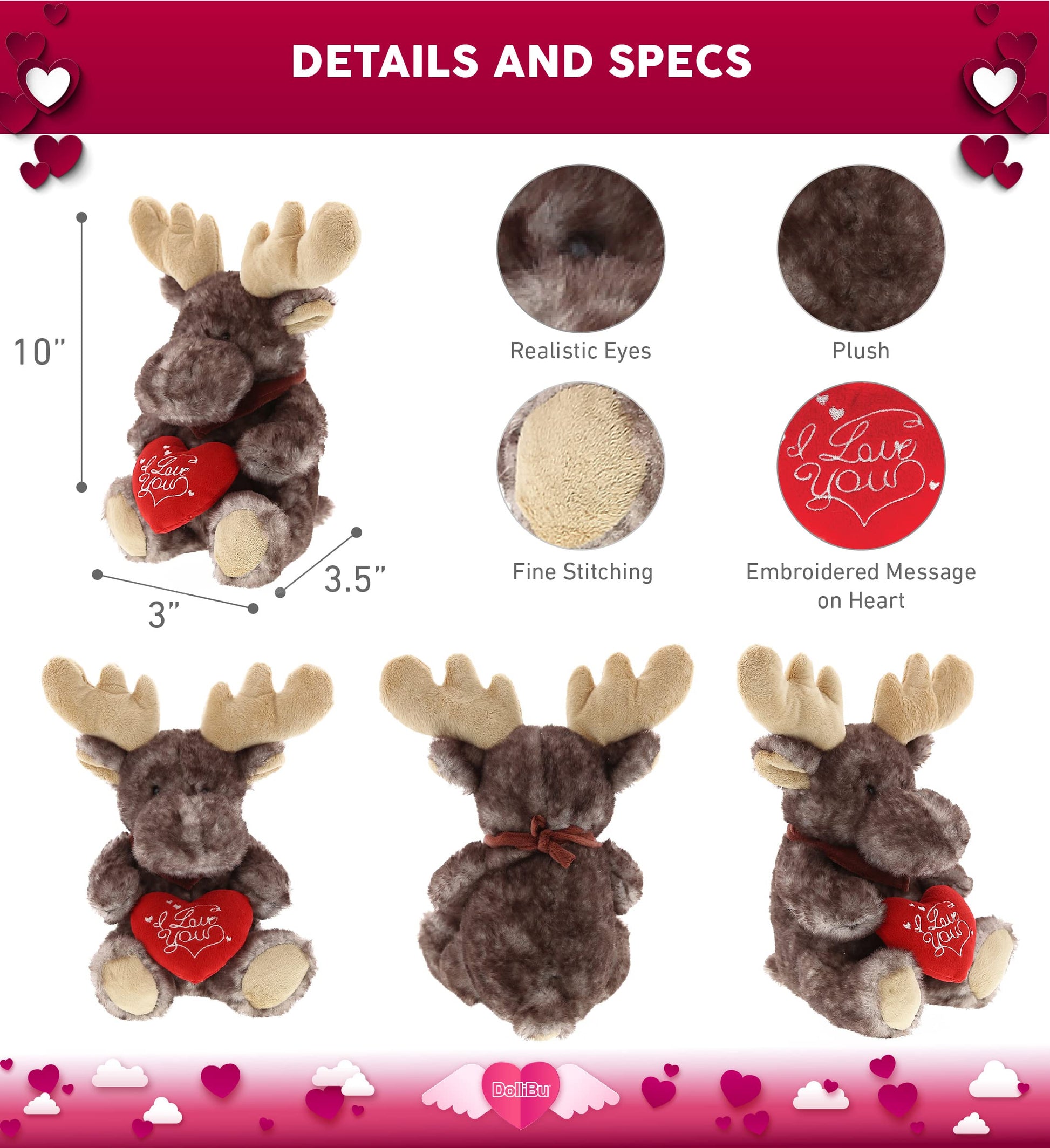DolliBu I Love You Valentine Plush Brownish Sitting Moose - Cute Soft Cuddly Stuffed Animal with Red Heart Gift for Valentines Day, Birthday Present