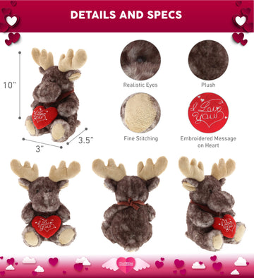 DolliBu I Love You Valentine Plush Brownish Sitting Moose - Cute Soft Cuddly Stuffed Animal with Red Heart Gift for Valentines Day, Birthday Present