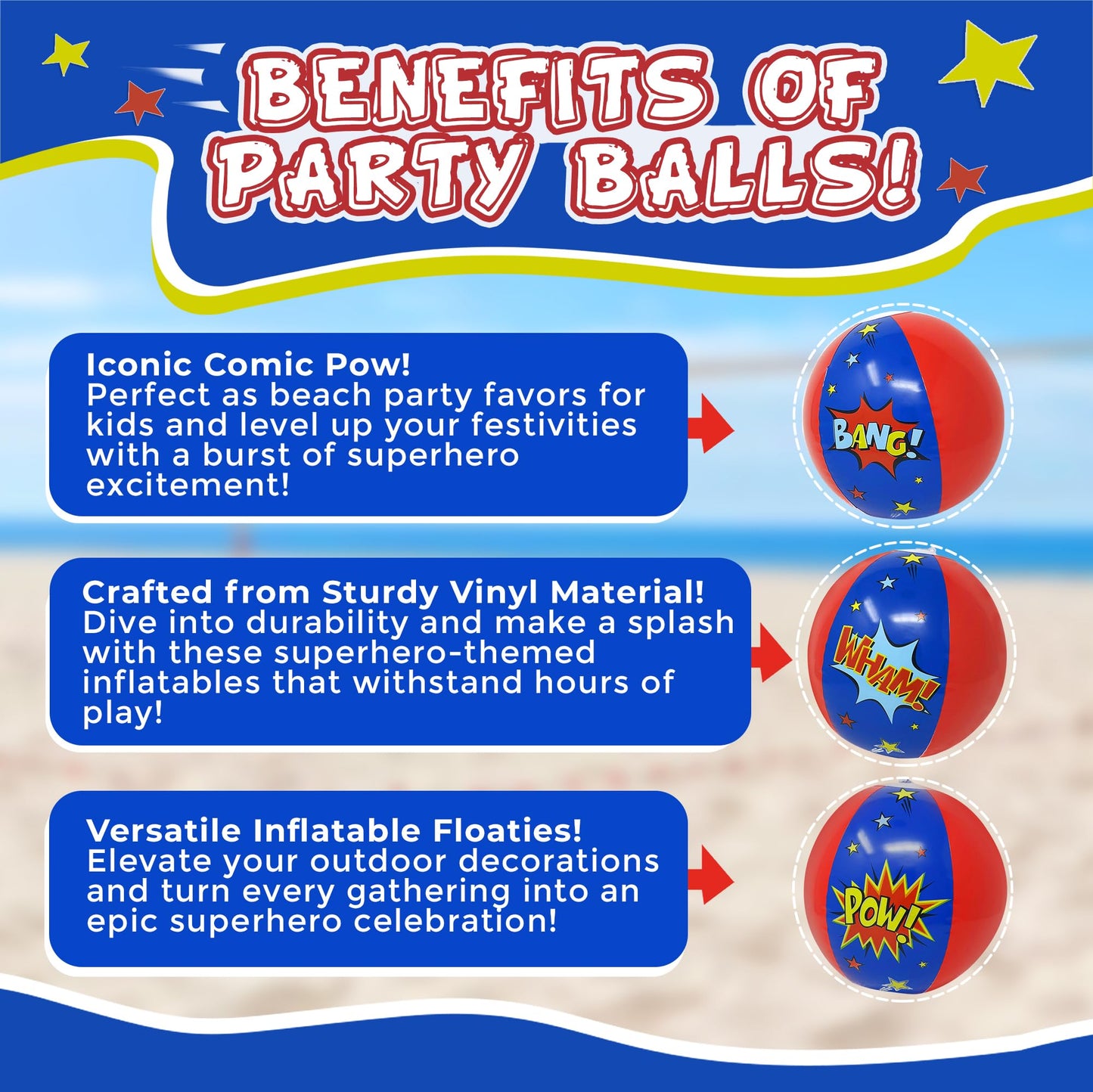 12 Inflatable Superhero Party Beach Balls - 8" Comic Pow Wham Bang Designs