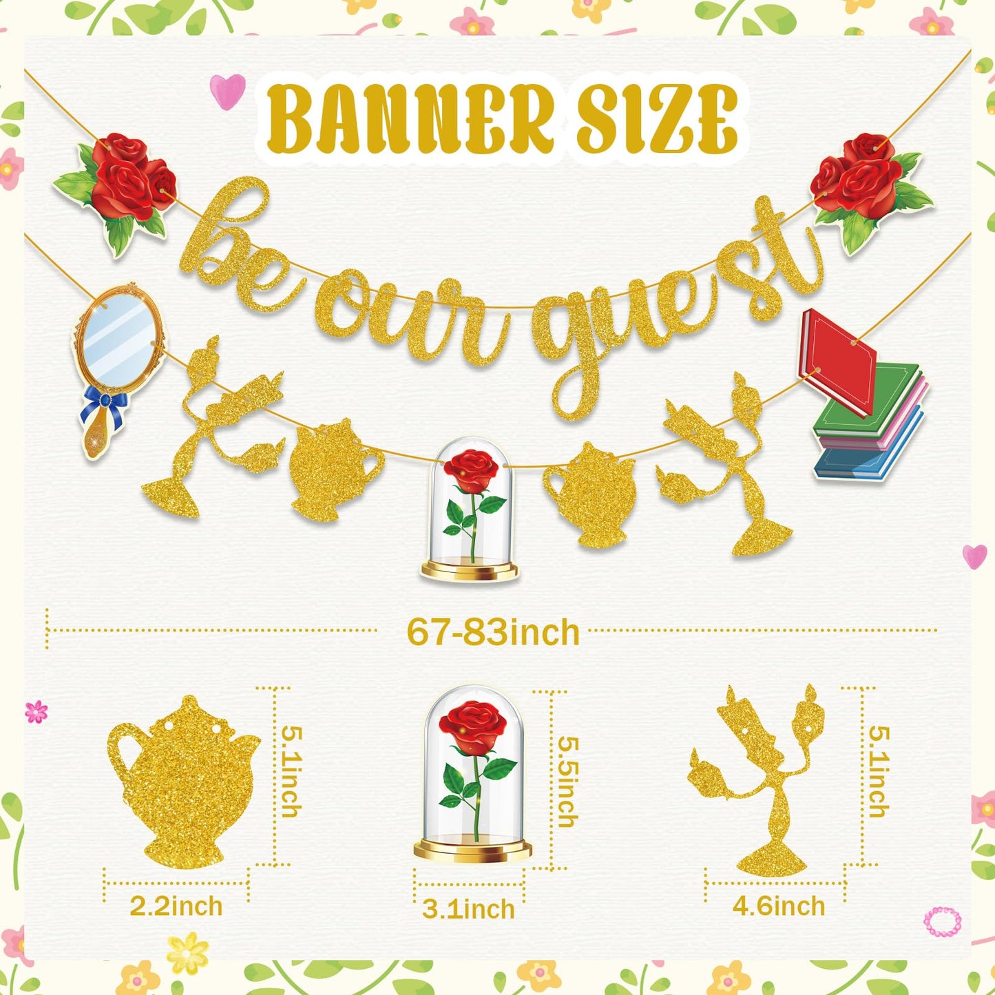 QAMEGX Gold Be Our Guest Banner, Glitter Cartoon Princess Birthday banner Cartoon Theme Party Banner Baby Shower Birthday Party Decorations For Girls