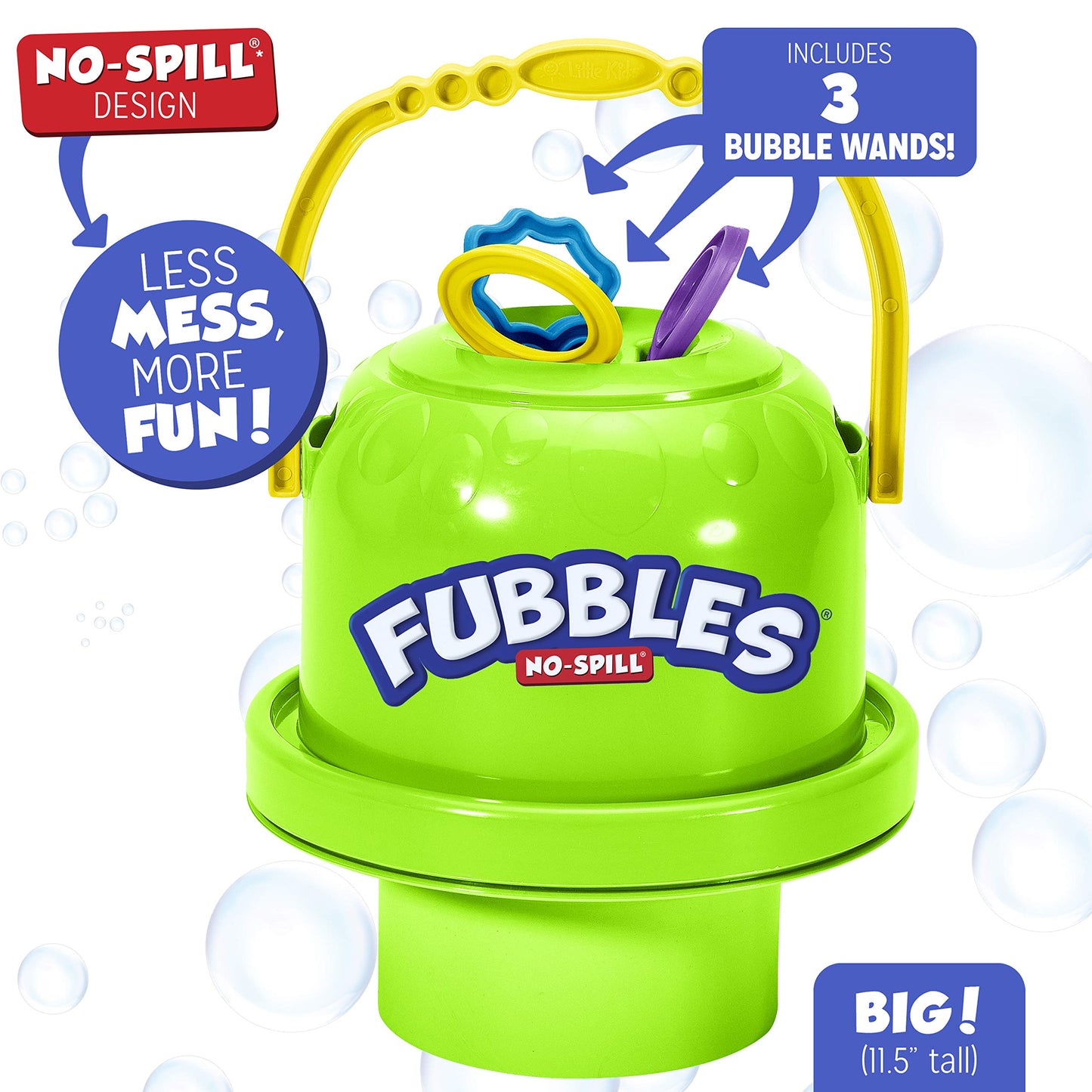 Fubbles Bubbles No-Spill Big Bubble Bucket in Green | Bubbles for Toddlers and Kids of All Ages | Includes Fubbles Bubbles Bucket and 3 Bubble Wands