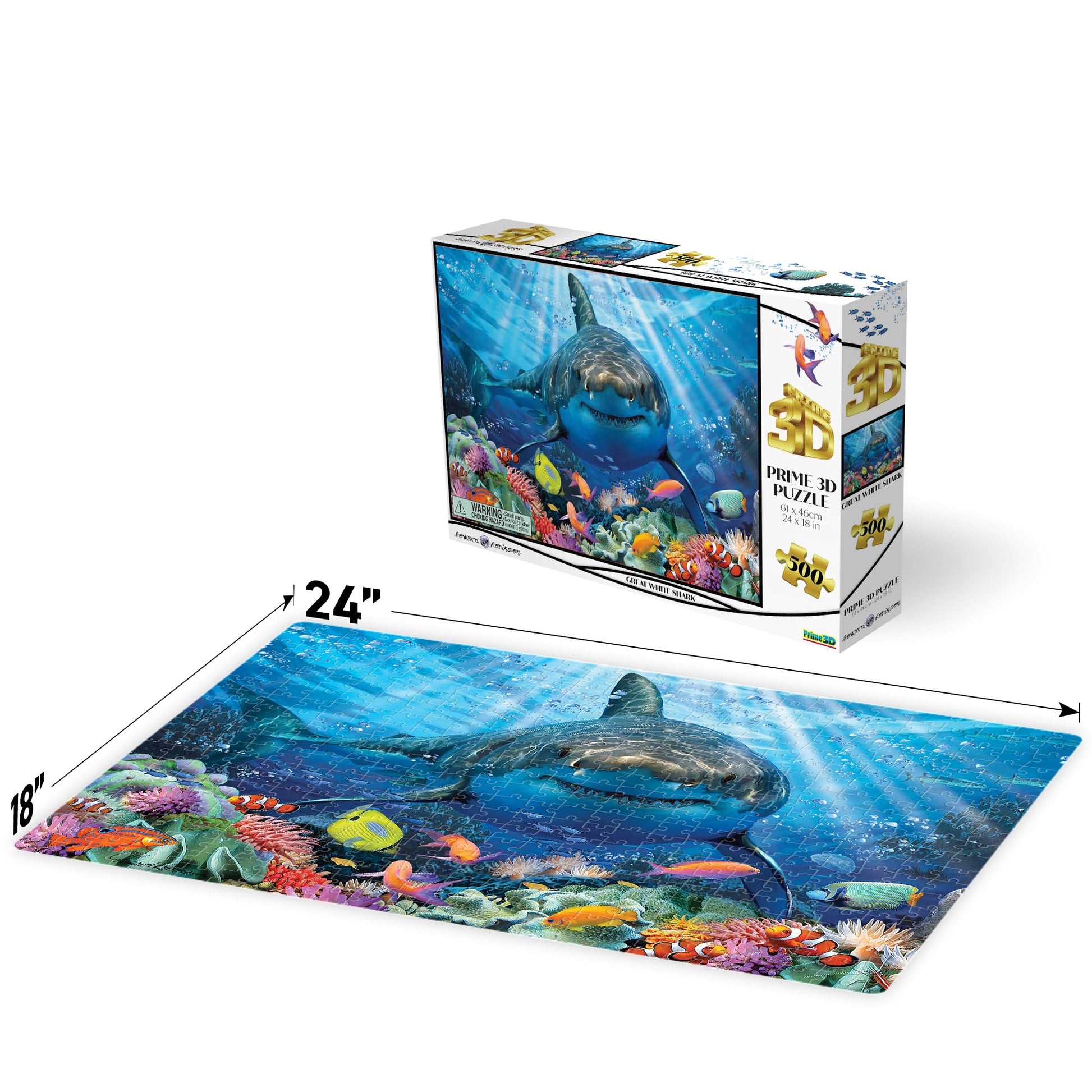 Prime 3D Great White Shark Puzzle - 500 Piece 3D Lenticular Ocean Jigsaw for Adults & Kids, 24"x18" Fun Activity with Depth, Howard Robinson Gift