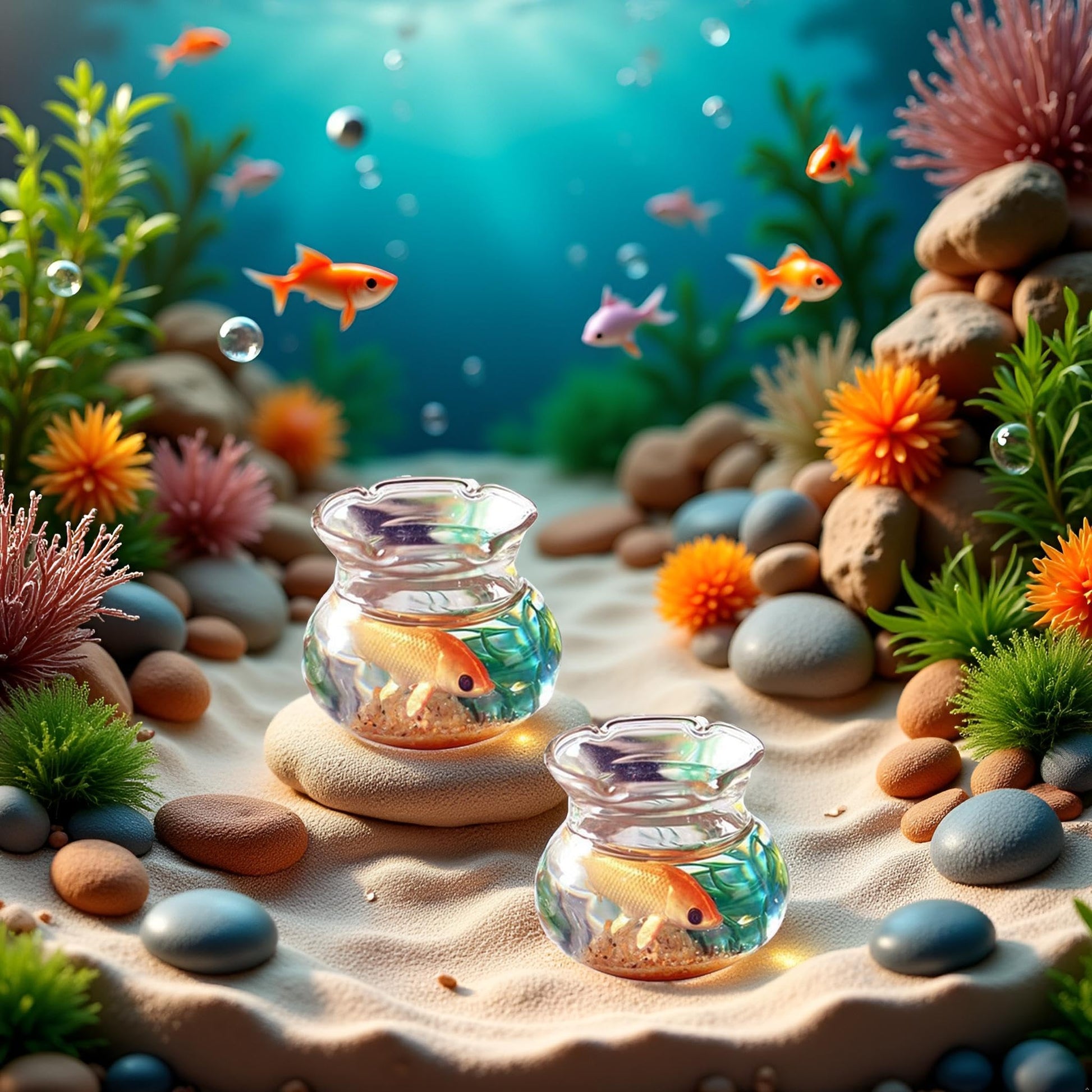 2 Pieces Miniature Fish Bowl Set, Round Resin Fish Tanks with Goldfish Grass, Dollhouse Accessories Decor for Dollhouse Desktop Craft Project Decor