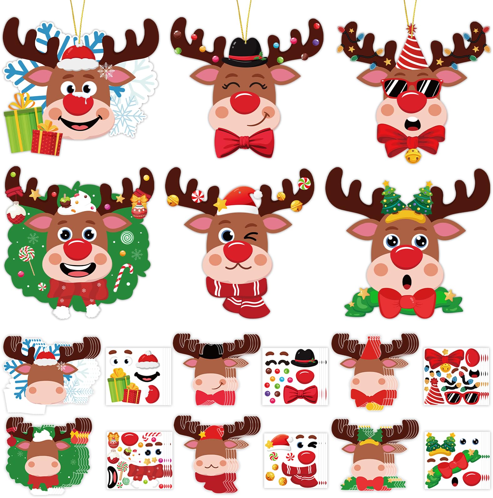 60 Pcs Christmas Reindeer Crafts for Kids Make Your Own Christmas Tree Ornaments Decoration Xmas Arts Making Craft with Stickers DIY Paper Holiday