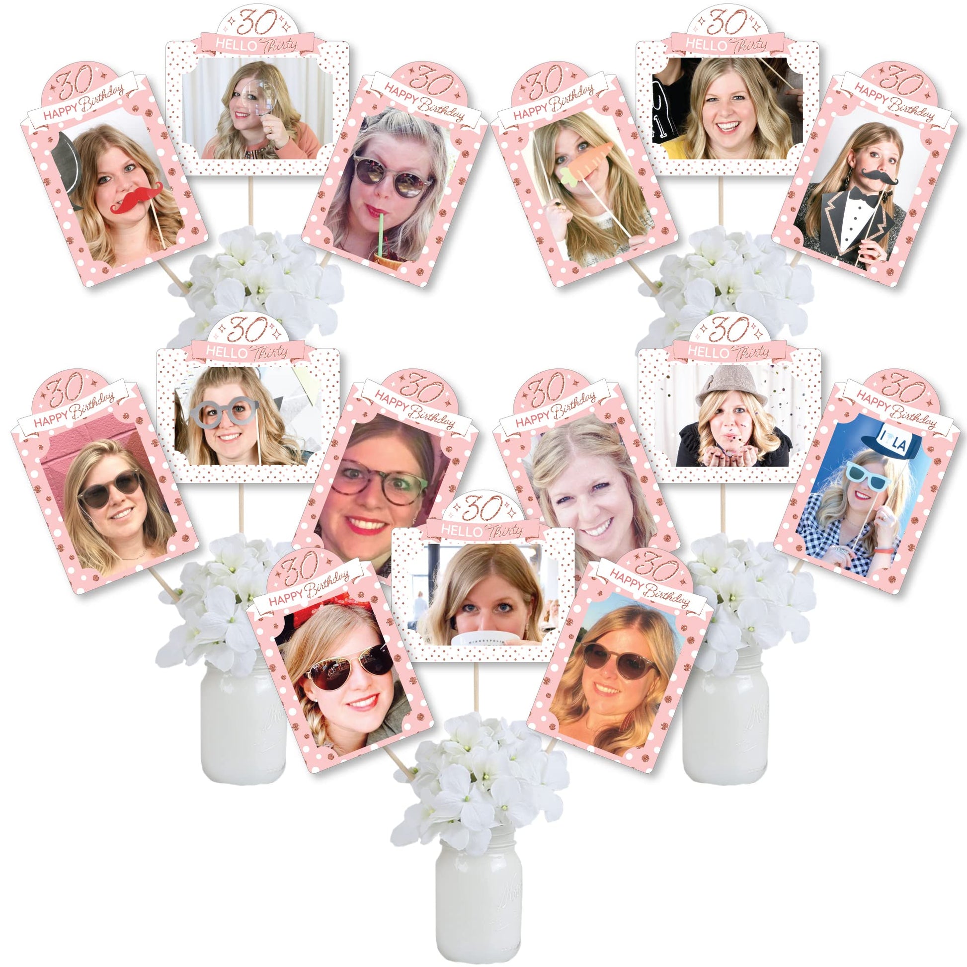 Big Dot of Happiness 30th Pink Rose Gold Birthday - Happy Birthday Party Picture Centerpiece Sticks - Photo Table Toppers - 15 Pieces