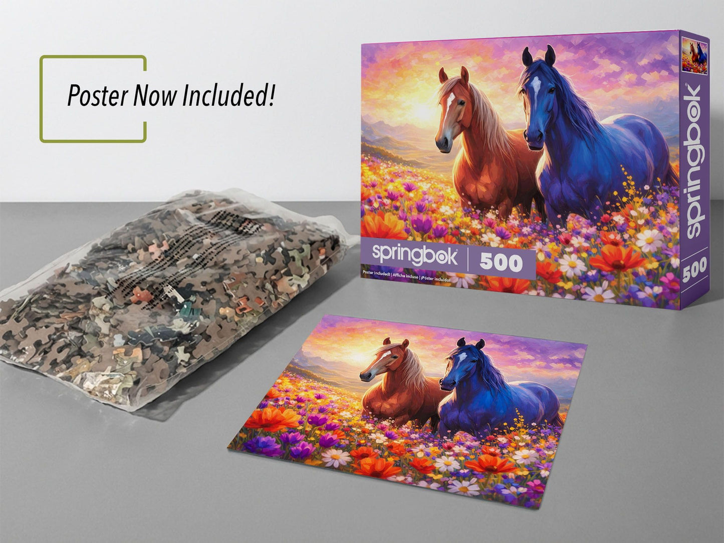 Springbok Steeds in Spring 500 Piece Jigsaw Puzzle for Adults - Wild Horses in Blooming Flower Field - Poster Now Included - Unique Cut Pieces - Made