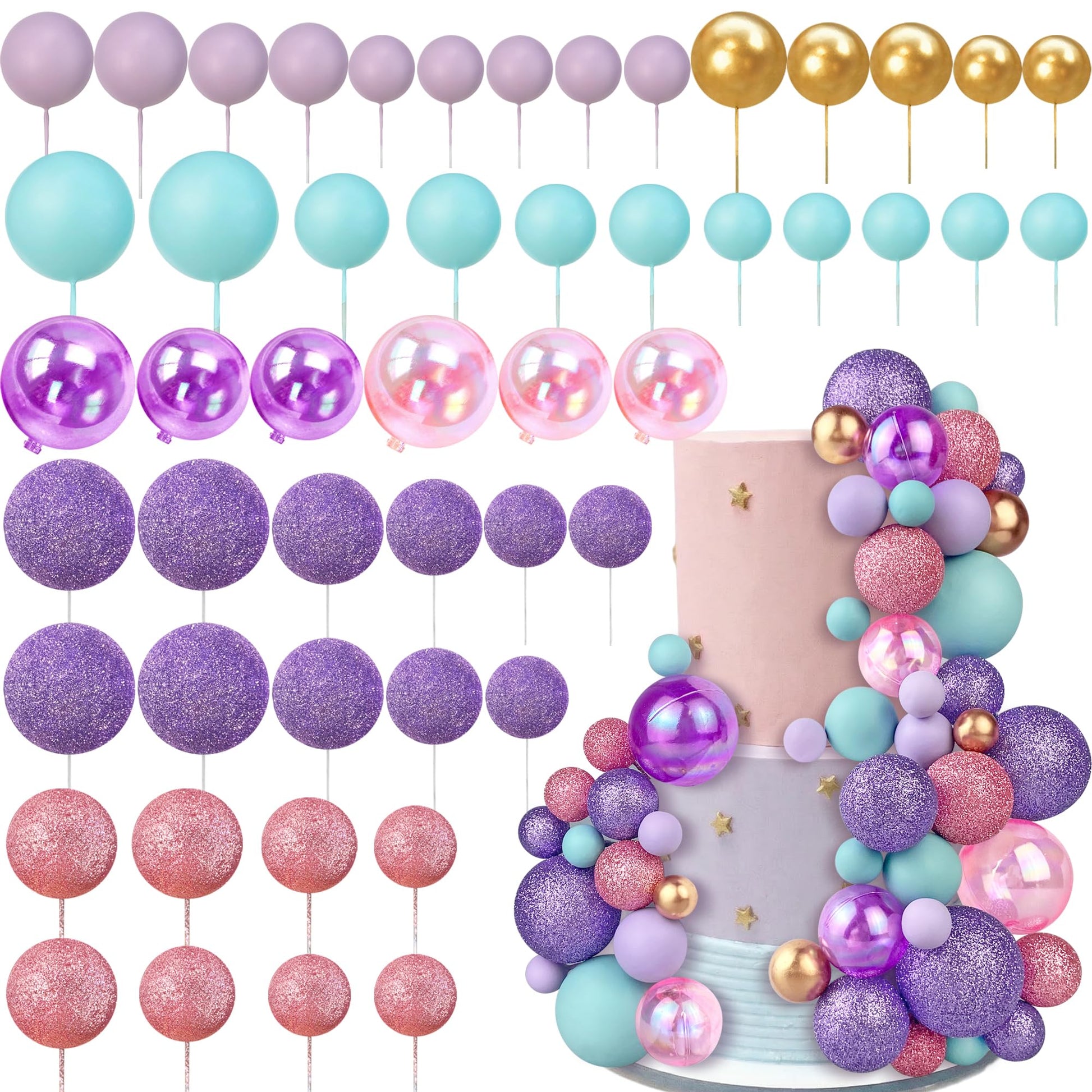 50PCS Macaron Ball Cake Topper Decoration for DIY Baking 5 Sizes Decorative Cake Toppers for Wedding Birthday and Anniversary (Pink Blue Purple)