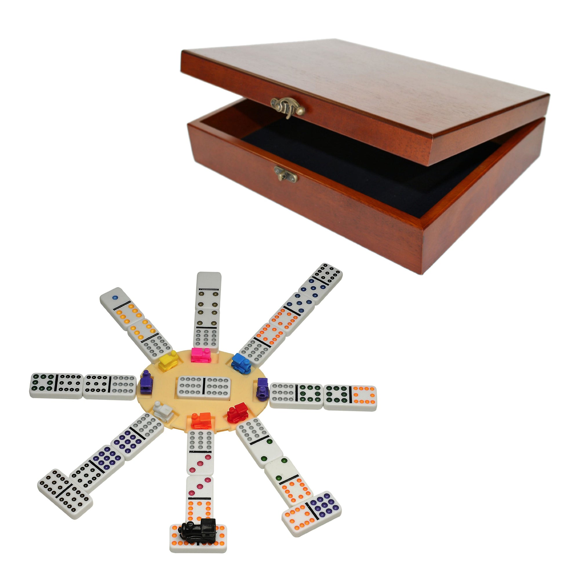 WE Games Deluxe Mexican Train Dominoes in Old-Style Wooden Box - Double 12, Colorful Dots, Family and Adult Board Games
