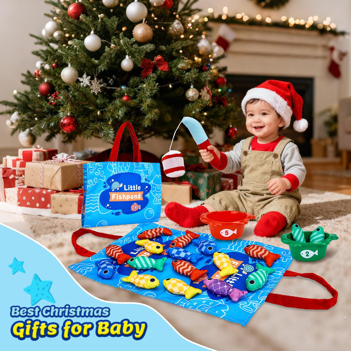 Gacoman Montessori Toys for 1 Year Old - Cloth Fishing Game for Toddler1-3 with Stacking Cups, Number Color Stacking & Counting, Educational Baby Toys