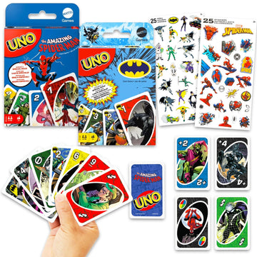 UNO Marvel and DC Cards Set - Bundle with Batman and Spiderman UNO Cards for Kids Plus Stickers, More | Batman and Spiderman Activities for Kids