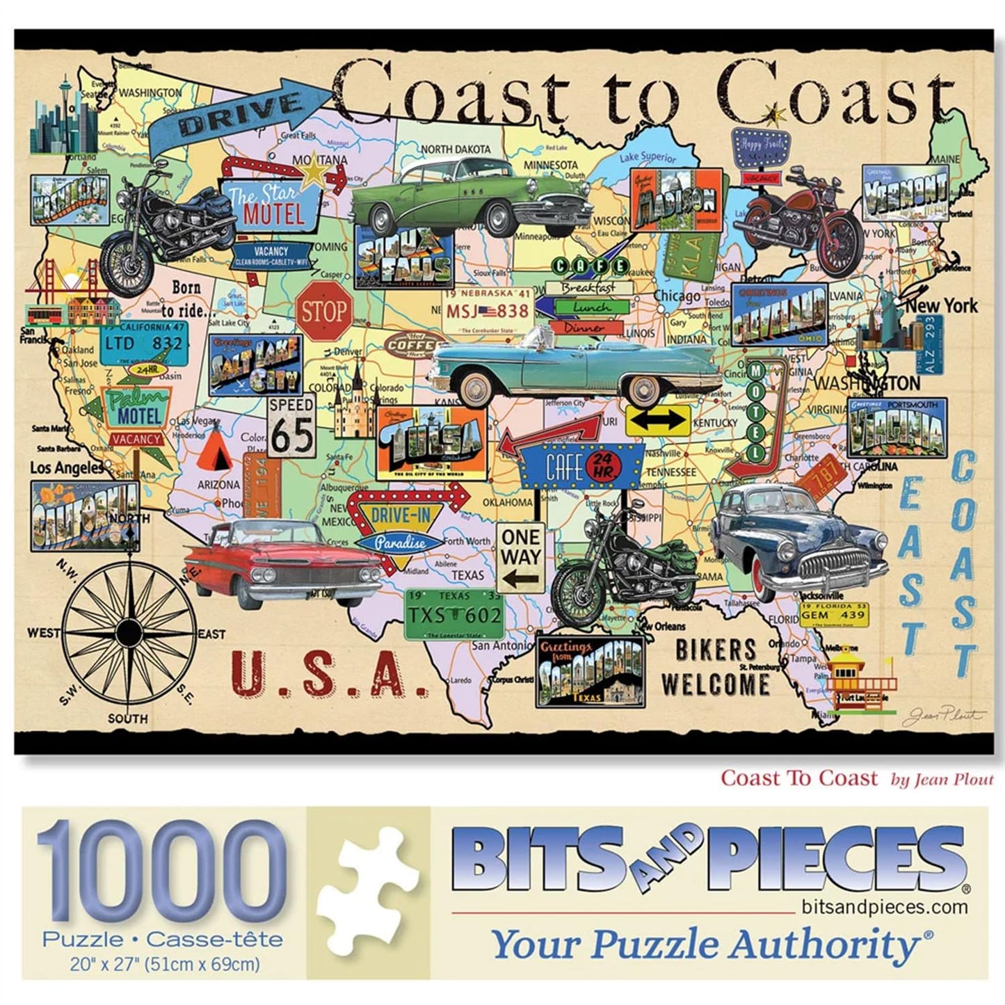 Bits and Pieces 1000 Piece Puzzles for Adults - Coast to Coast - - Large 20" x 27" Jigsaw Puzzles 1000 Pieces Retro American Collage Map, No 2 Pieces