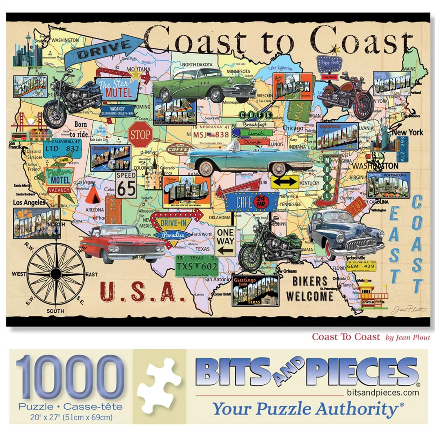 Bits and Pieces 1000 Piece Puzzles for Adults - Coast to Coast - - Large 20" x 27" Jigsaw Puzzles 1000 Pieces Retro American Collage Map, No 2 Pieces