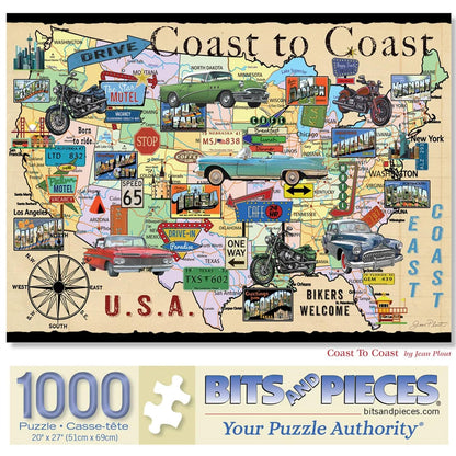 Bits and Pieces 1000 Piece Puzzles for Adults - Coast to Coast - - Large 20" x 27" Jigsaw Puzzles 1000 Pieces Retro American Collage Map, No 2 Pieces