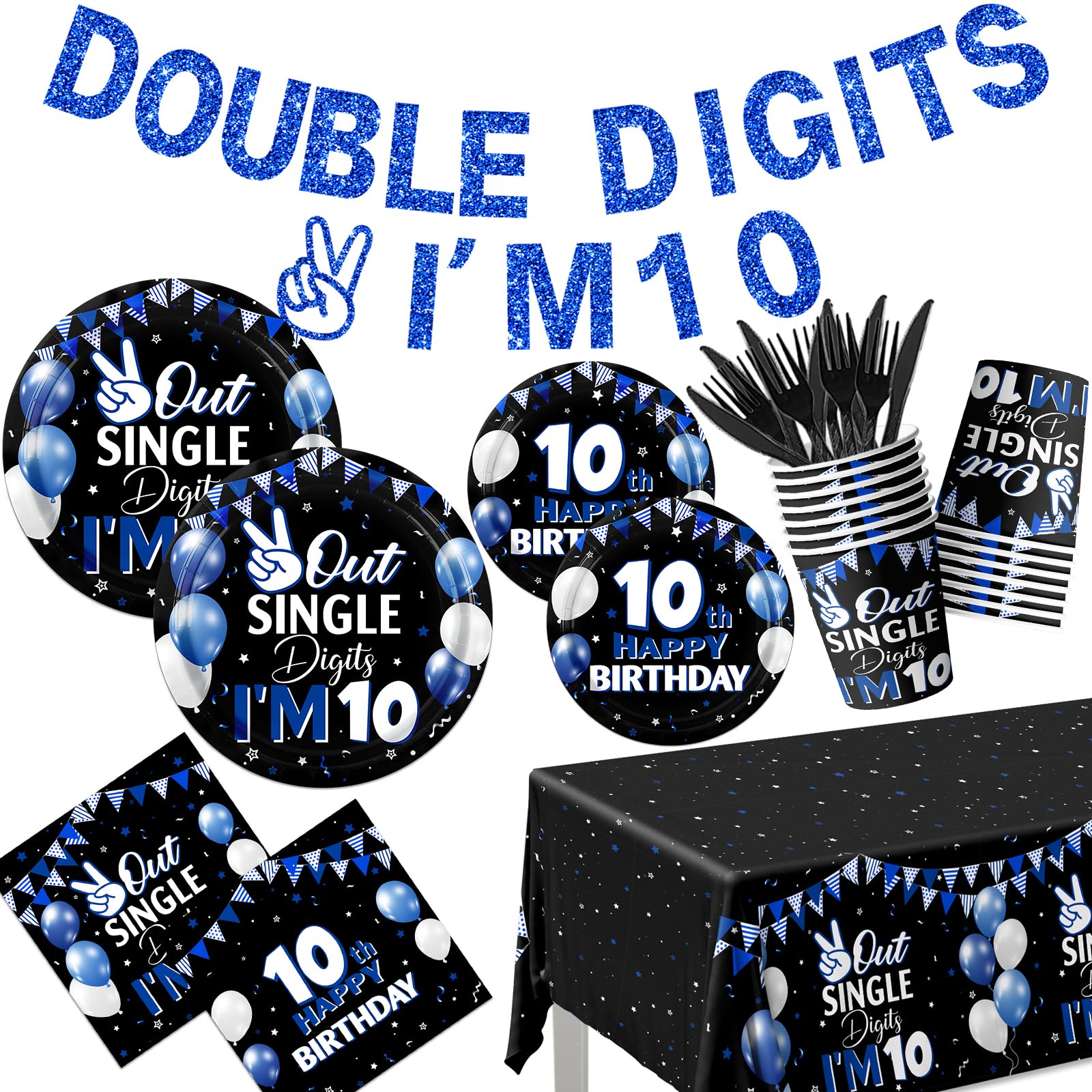 142pcs 10th Birthday Decorations for Boys,10 Year Old Birthday Decorations Tableware Double Digits Birthday Boy Plates and Napkins Cups Tablecloth