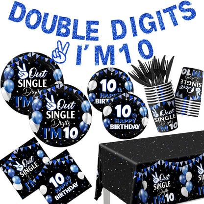 142pcs 10th Birthday Decorations for Boys,10 Year Old Birthday Decorations Tableware Double Digits Birthday Boy Plates and Napkins Cups Tablecloth
