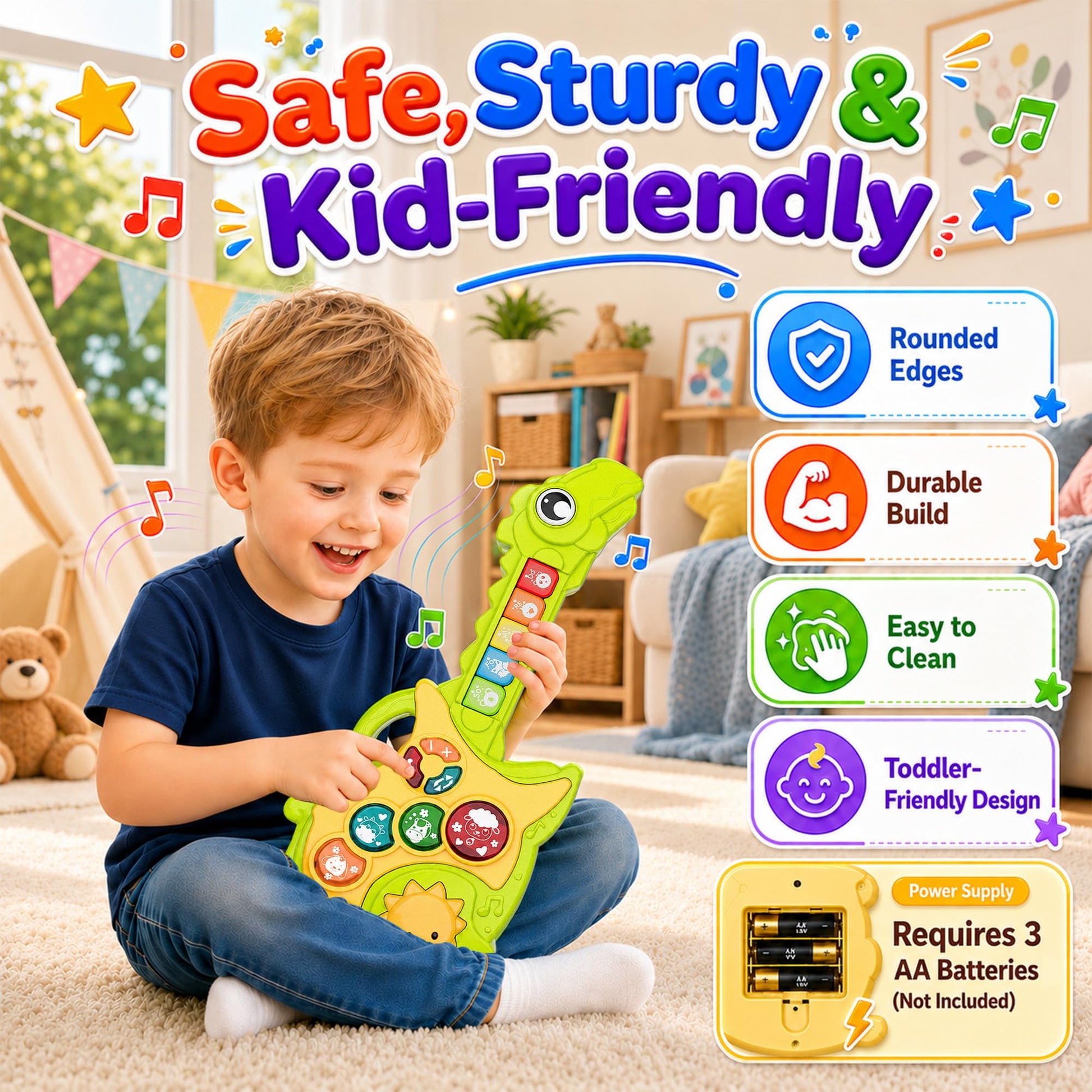 Toys for 1-3Year Old Boy Gift,2-in-1 Electric Guitars,12-18 Month with Spanish Animal Sound and Light Dinosaur Musical Guitar Piano Toys,Learning