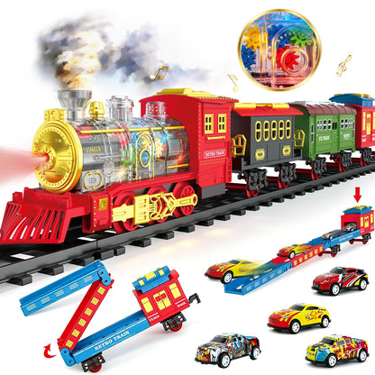 Electric Train Set Christmas Train Toys for Boys with Smokes, Lights and Sound (ON/Off) Train Set Under Christmas Tree, Toddler Model Trains for 3 4 5
