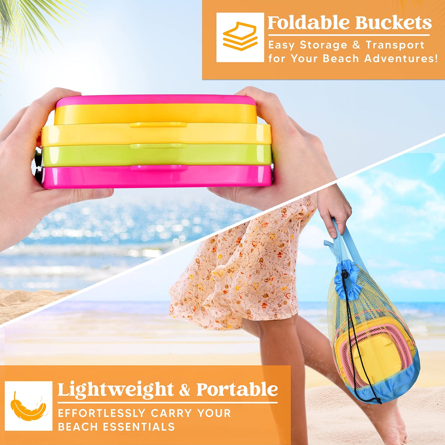 Sloosh 3 Packs Foldable Bucket - Collapsible Bucket with Sand Shovels and Mesh Backpack for Kids Toddlers Beach Toys, Easter Egg Hunt, Camping
