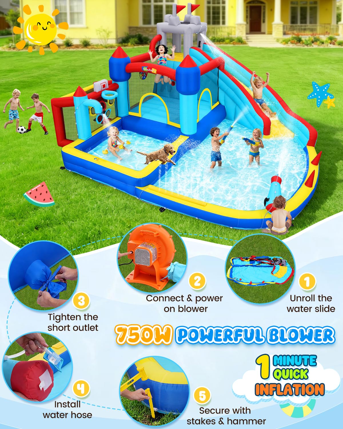 13-in-1 Water Slide Bounce House for Kids Backyard, 15x14.3x8.5FT Sport Waterpark with Deep Pool/Shower Head/Ball Holes/Soccer Goal/Basketball