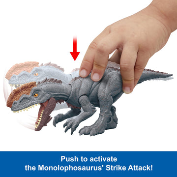 Mattel Jurassic World Strike Attack Dinosaur Toy with Single-Strike Action & Movable Joints, Monolophosaurus Action Figure Includes Digital Play