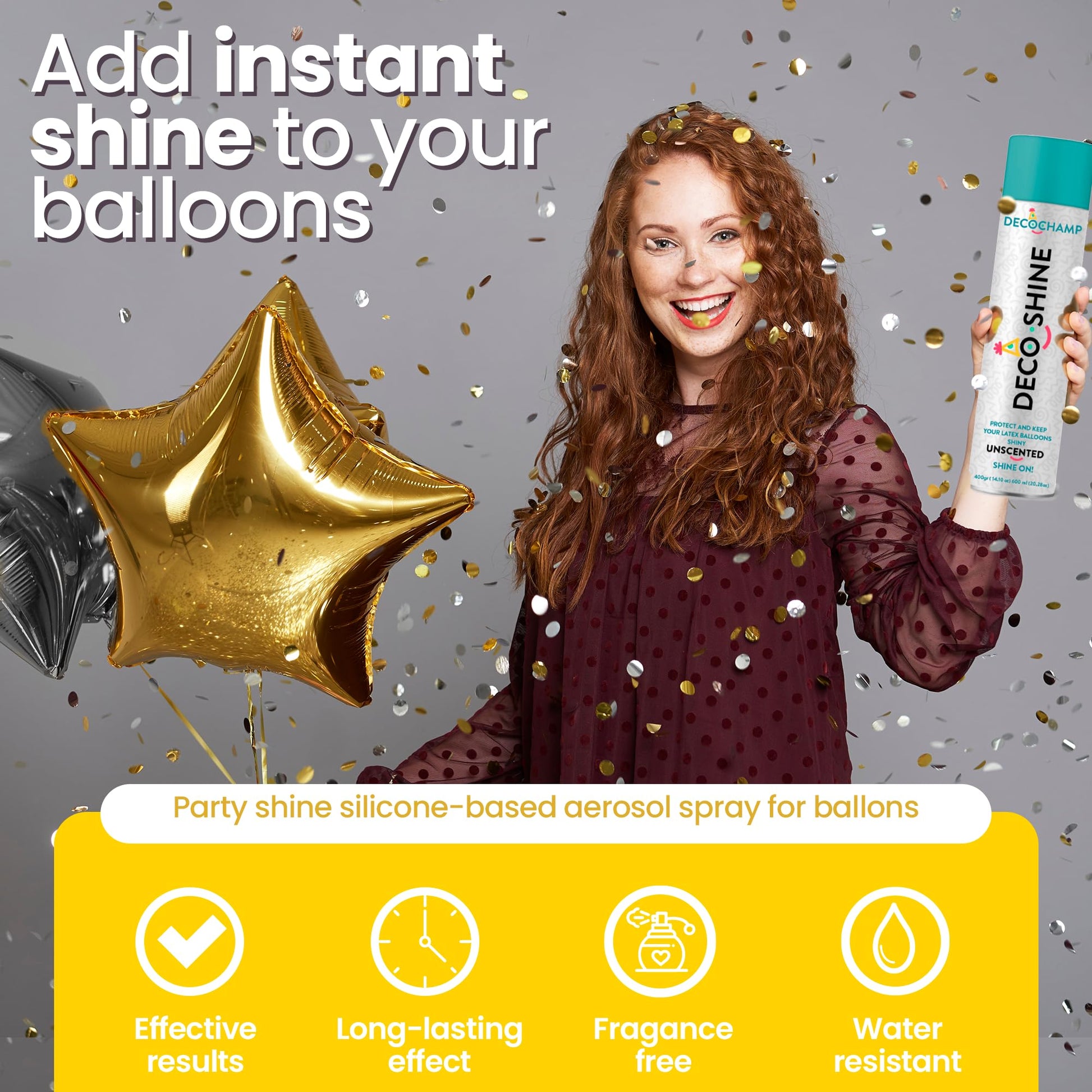 DECOCHAMP Balloon Shine Spray 20.28 oz - High Gloss Anti-Oxidation Spray for Latex Balloons, Arches & Garlands, No-Wipe Aerosol Finish