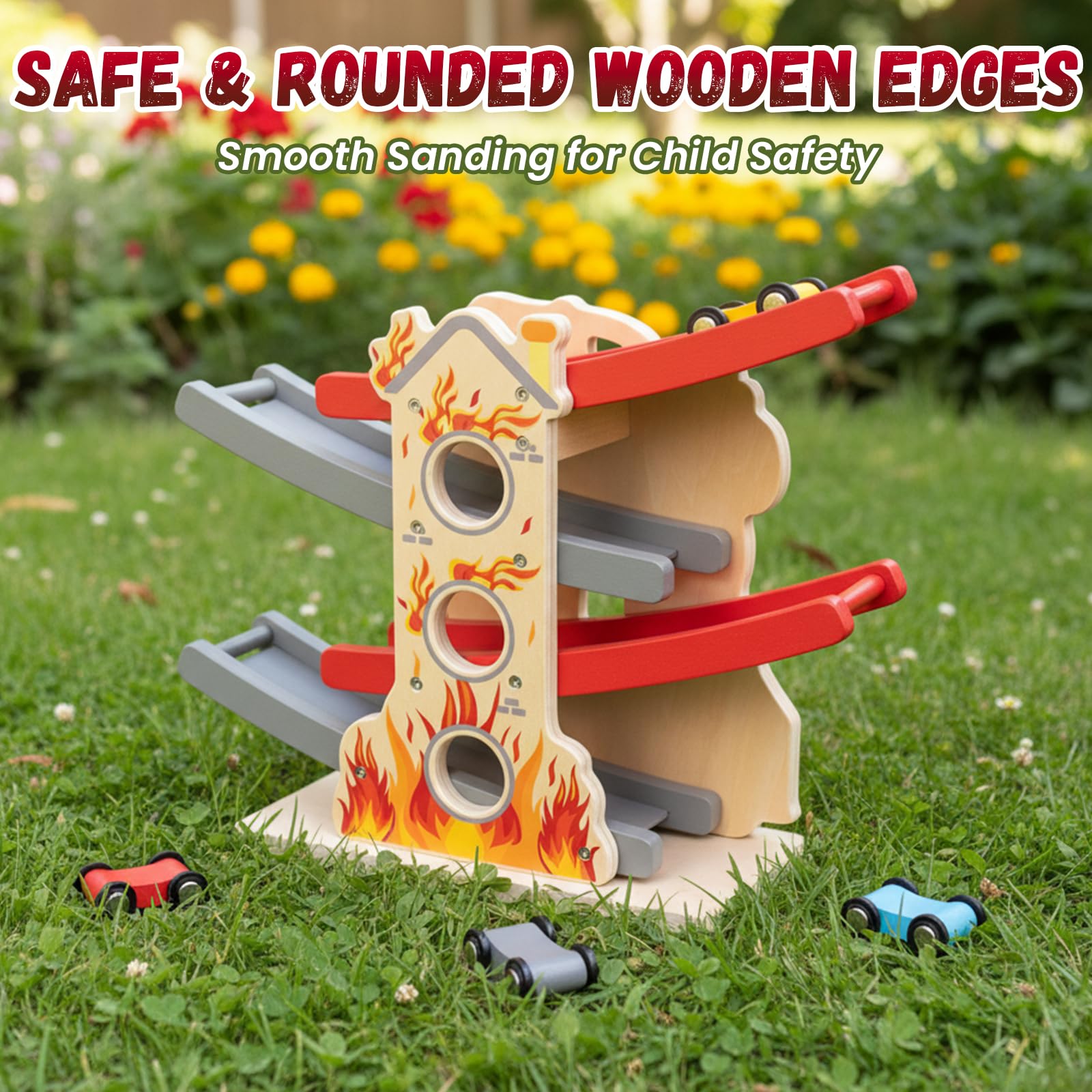 Wooden Car Ramp Toy Set,Car Toys for 1 2 Year Old Boy Birthday Gifts?Montessori Toddler Race Car Ramp Racer with 4 Mini Cars?Vehicle Playset