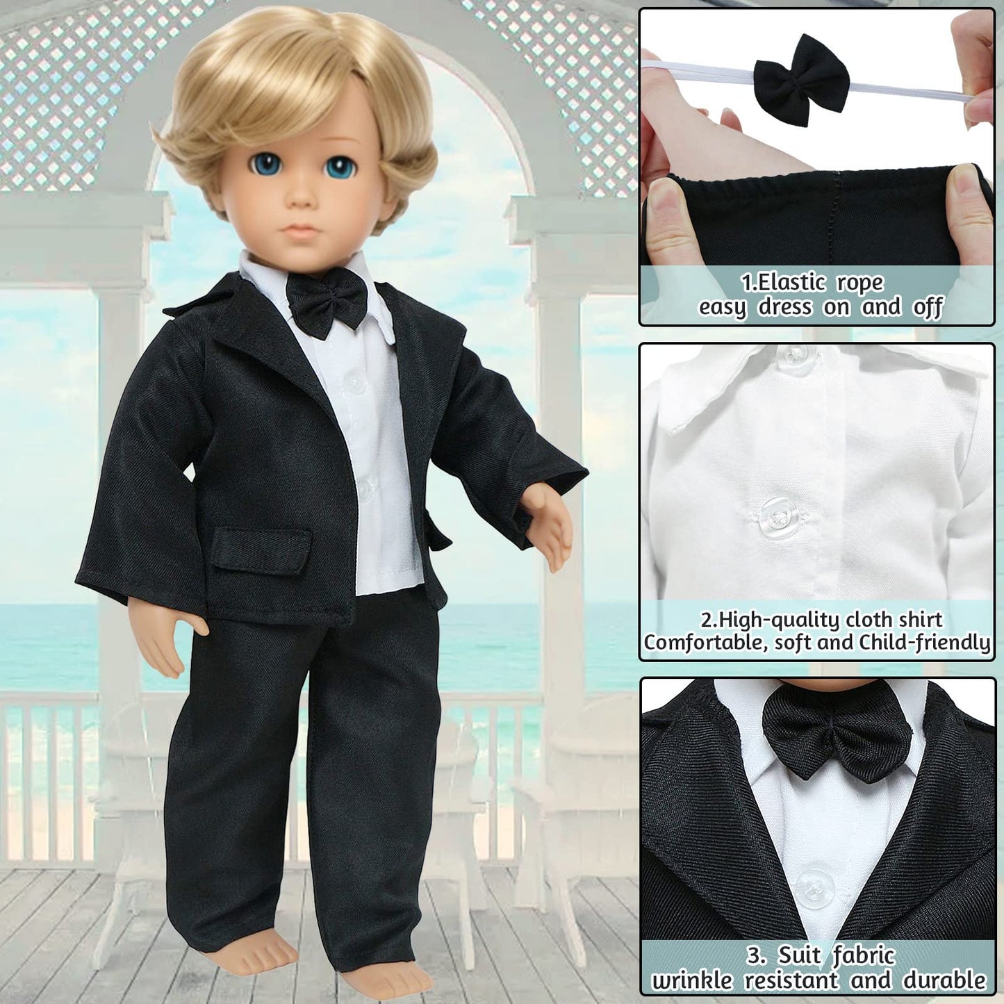 18 Inch Doll Clothes Accessories Wedding Set, Bride Wedding Dress and Groom Suit Outfit, Veil, Bow Tie for American 18 Inch Doll Girl Boy Ball Party