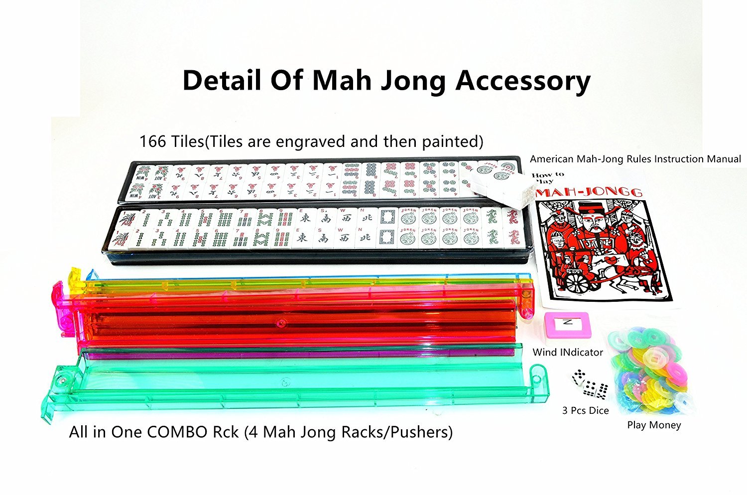 HNDTEK 166 Tiles American Mahjong Set Soft Bag with Combo Rack (Red)