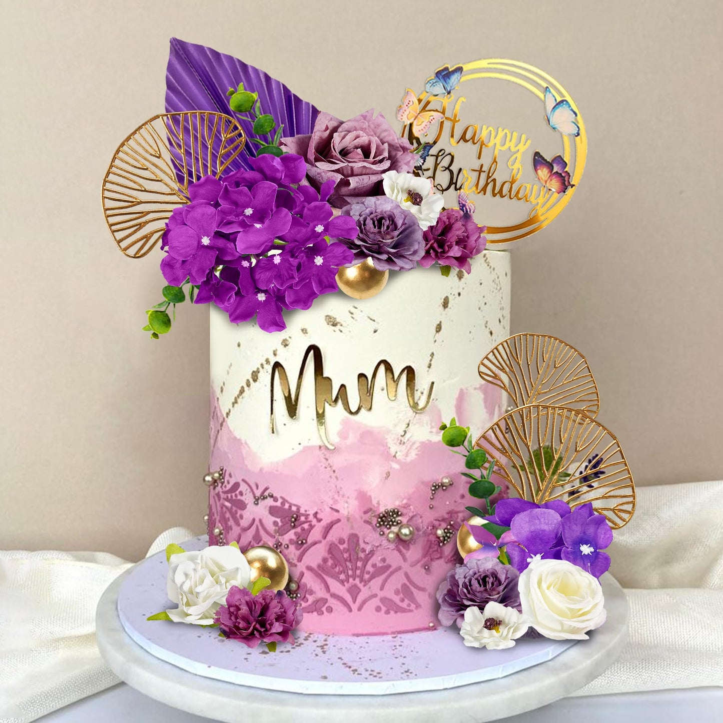 Flower Cake Toppers Purple Cake Decorations with Artificial Flowers Eucalyptu Leaves for Birthday Wedding Supplies (Purple)