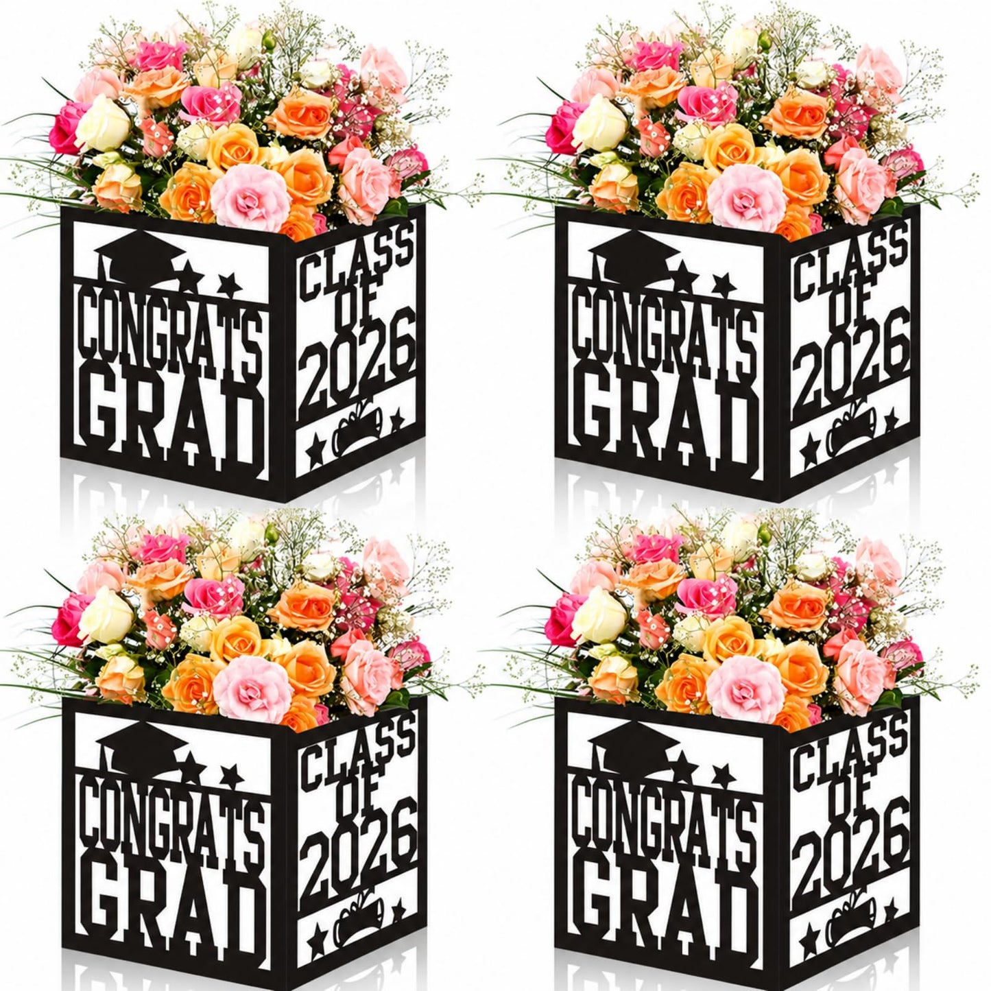 4 Pack 7x7x7.5 Inches Black and White Graduation Centerpiece Boxes with Laser-Cut 'Congrats Grad Class of 2026' Lettering, Perfect for Grad Party