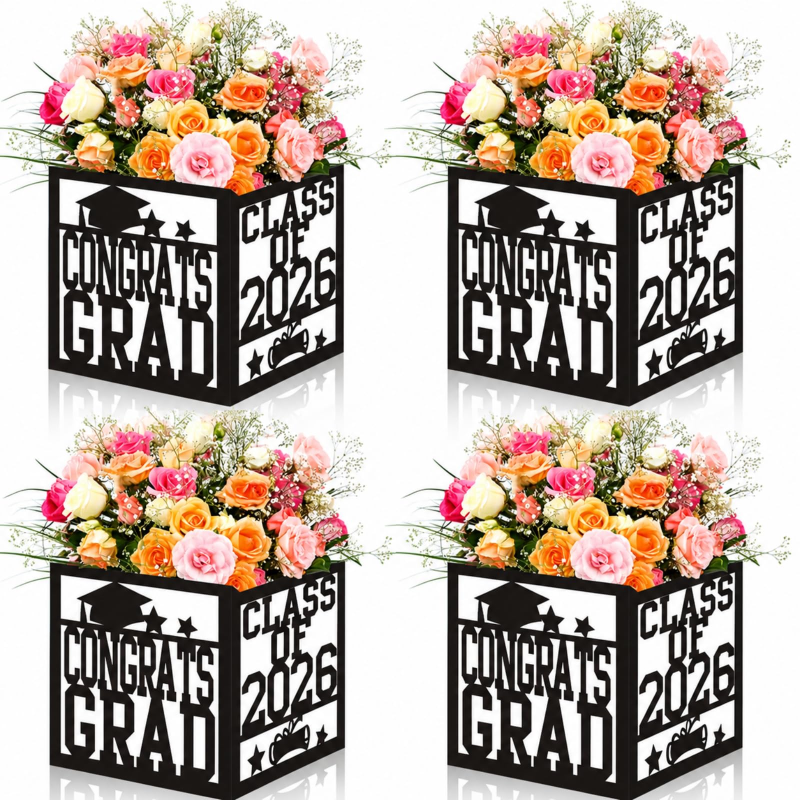 4 Pack 7x7x7.5 Inches Black and White Graduation Centerpiece Boxes with Laser-Cut 'Congrats Grad Class of 2026' Lettering, Perfect for Grad Party